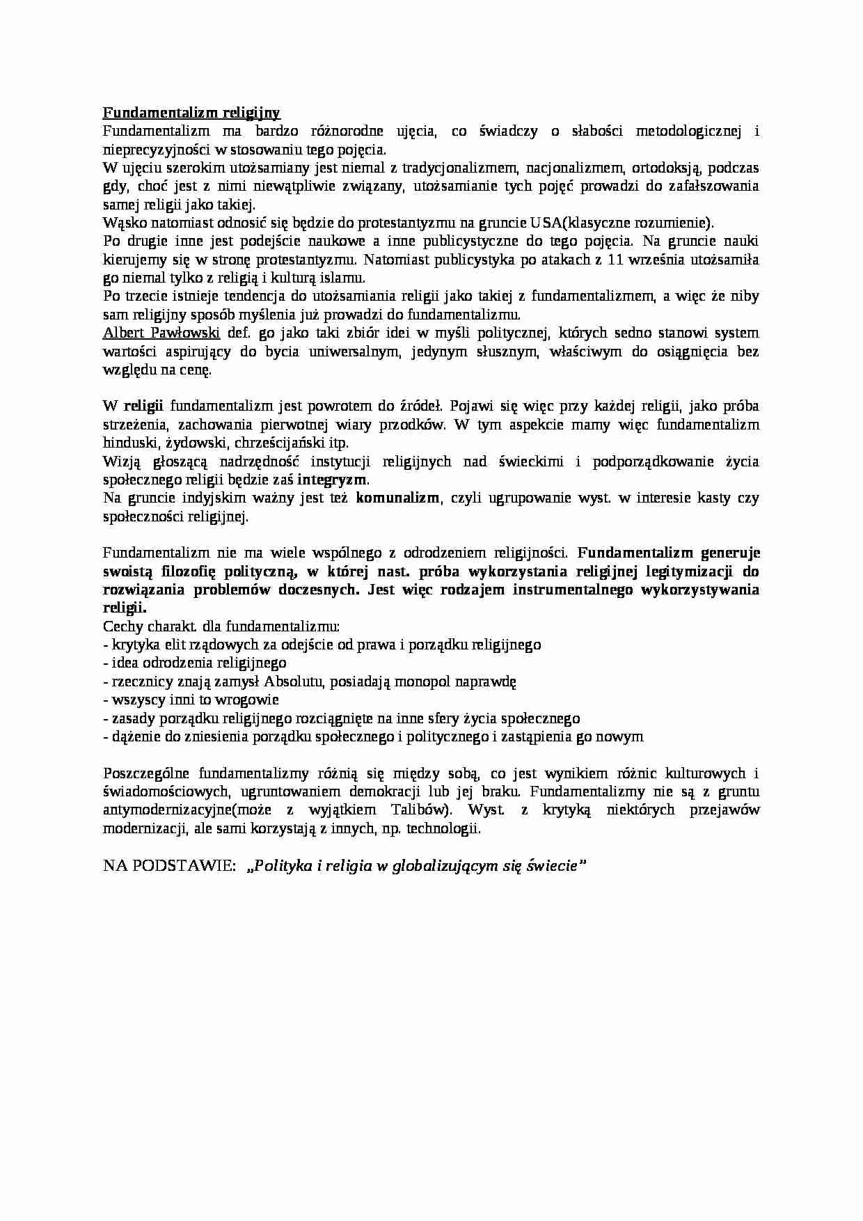 Fundamentalizm religijny- inne opracowanie - strona 1