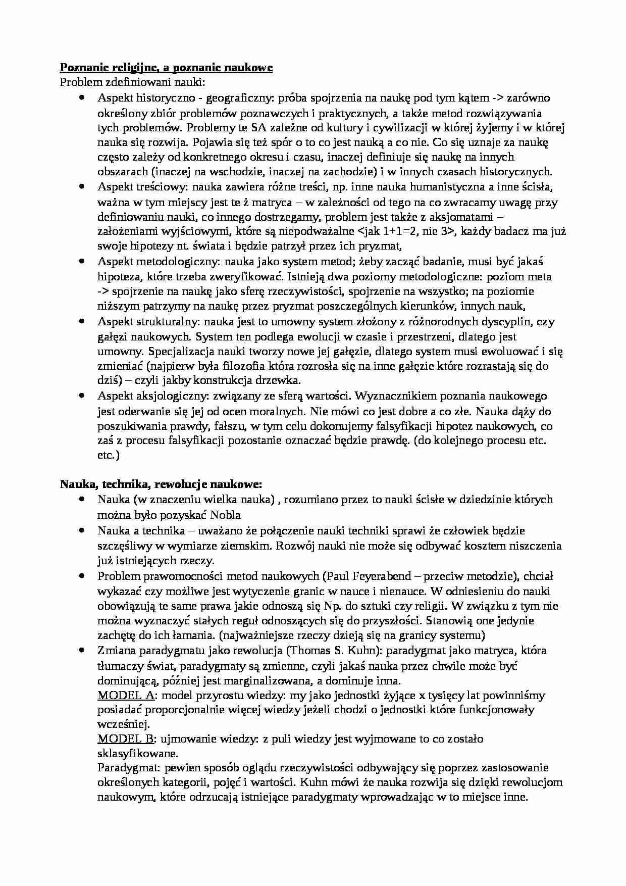 Poznanie religijne, a poznanie naukowe- opracowanie - strona 1