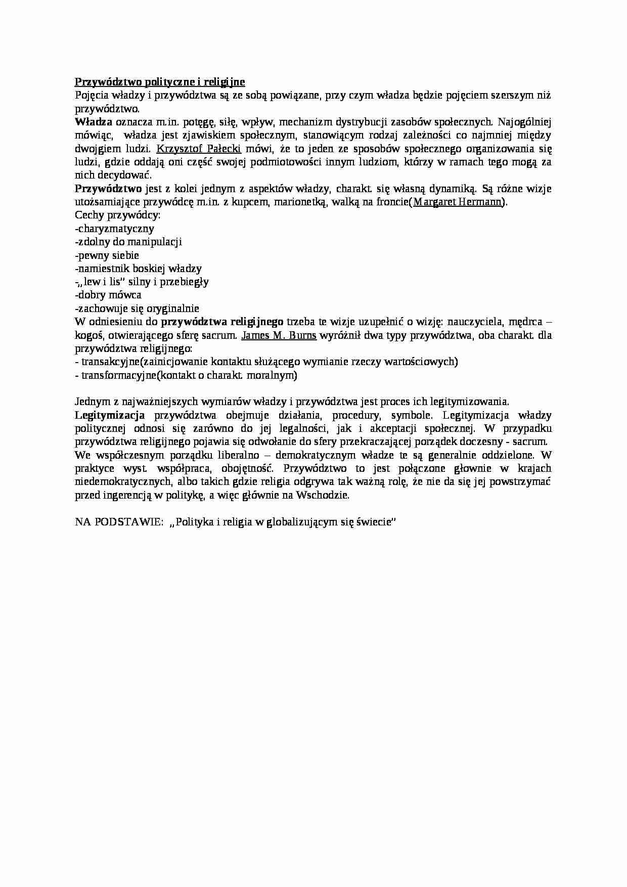 Przywództwo polityczne i religijne- opracowanie - strona 1