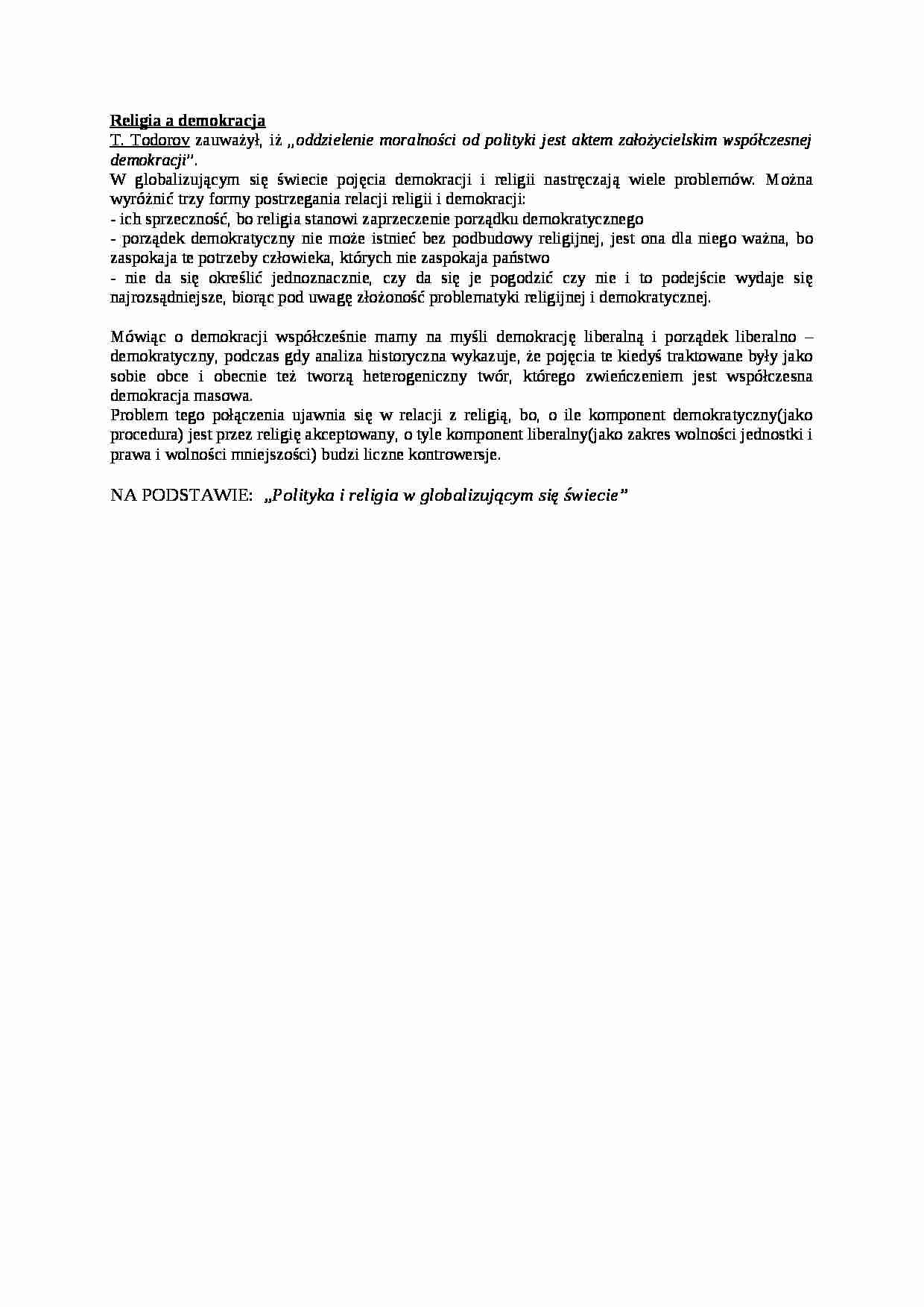 Religia a demokracja- opracowanie - strona 1