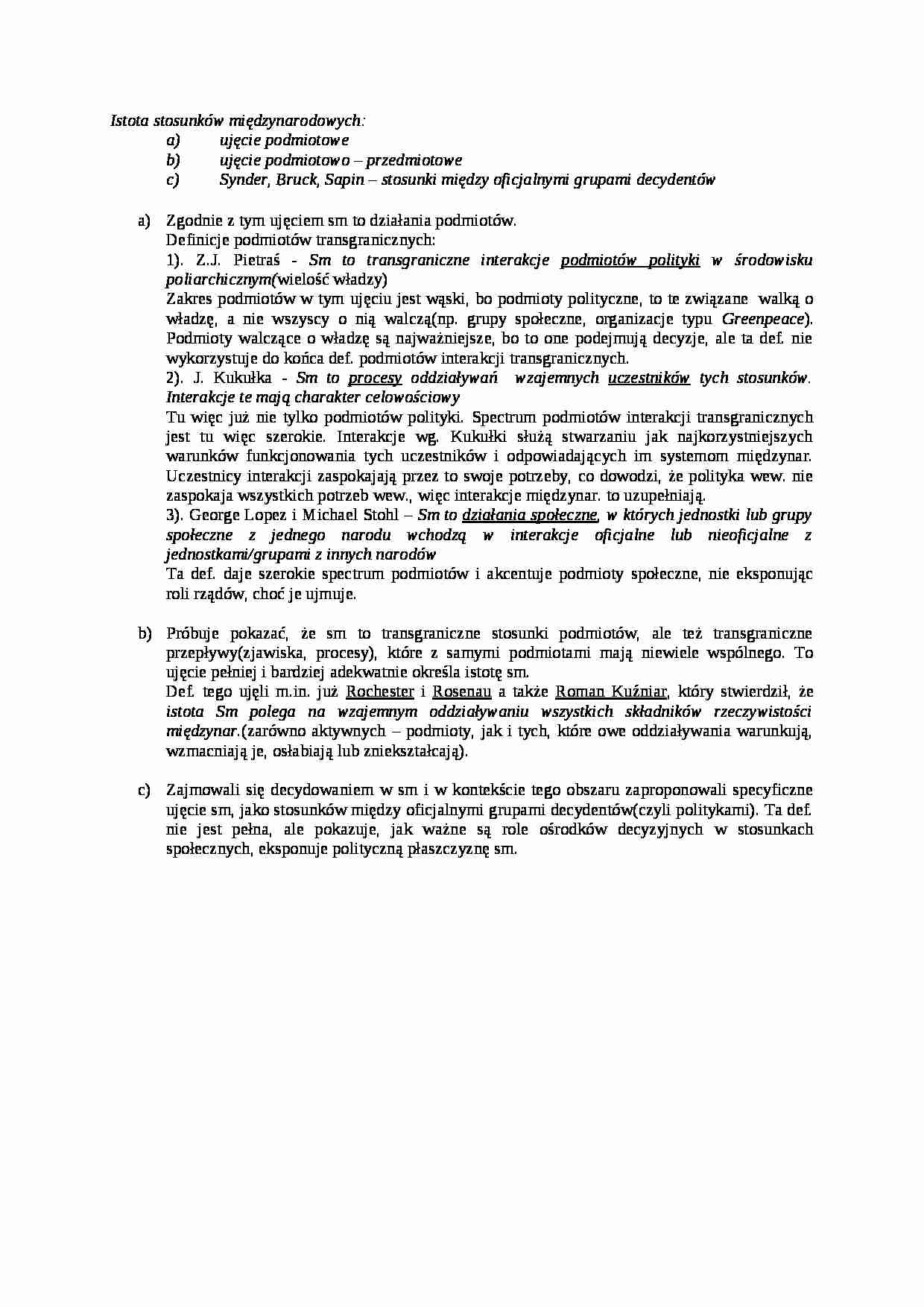 Istota stosunków międzynarodowych- opracowanie - strona 1