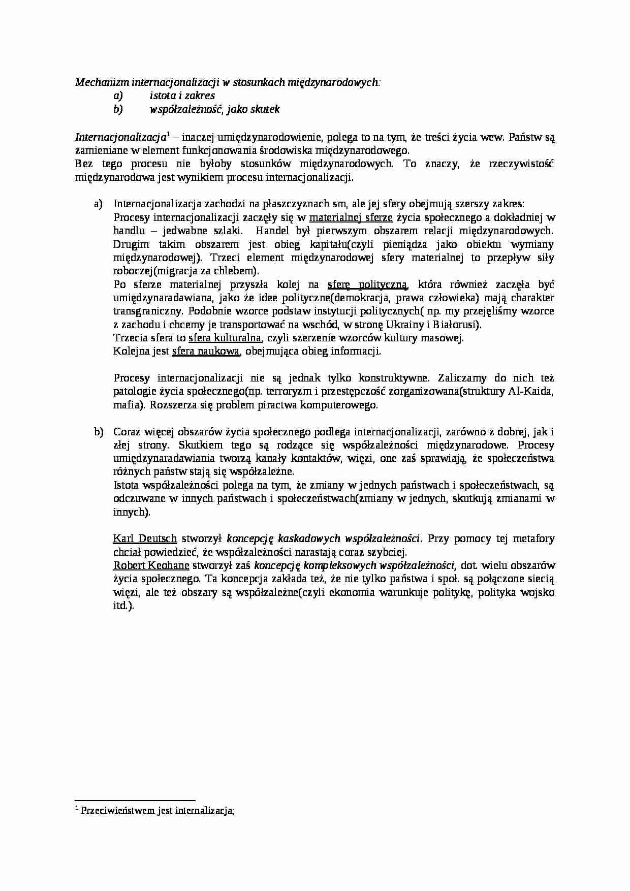 Mechanizm internacjonalizacji w stosunkach międzynarodowych- opracowanie - strona 1