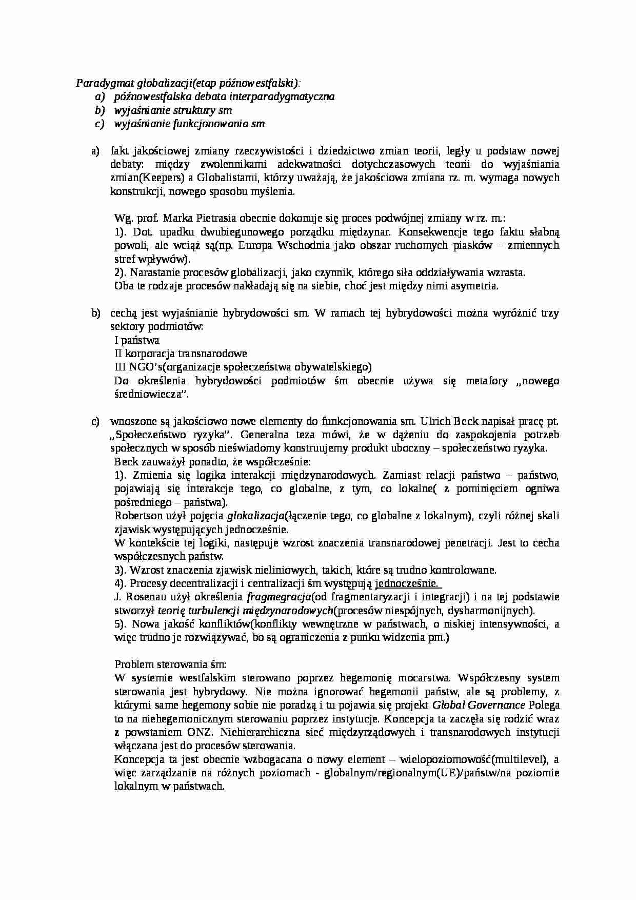 Paradygmat globalizacji (etap półnowestfalski)- opracowanie - strona 1