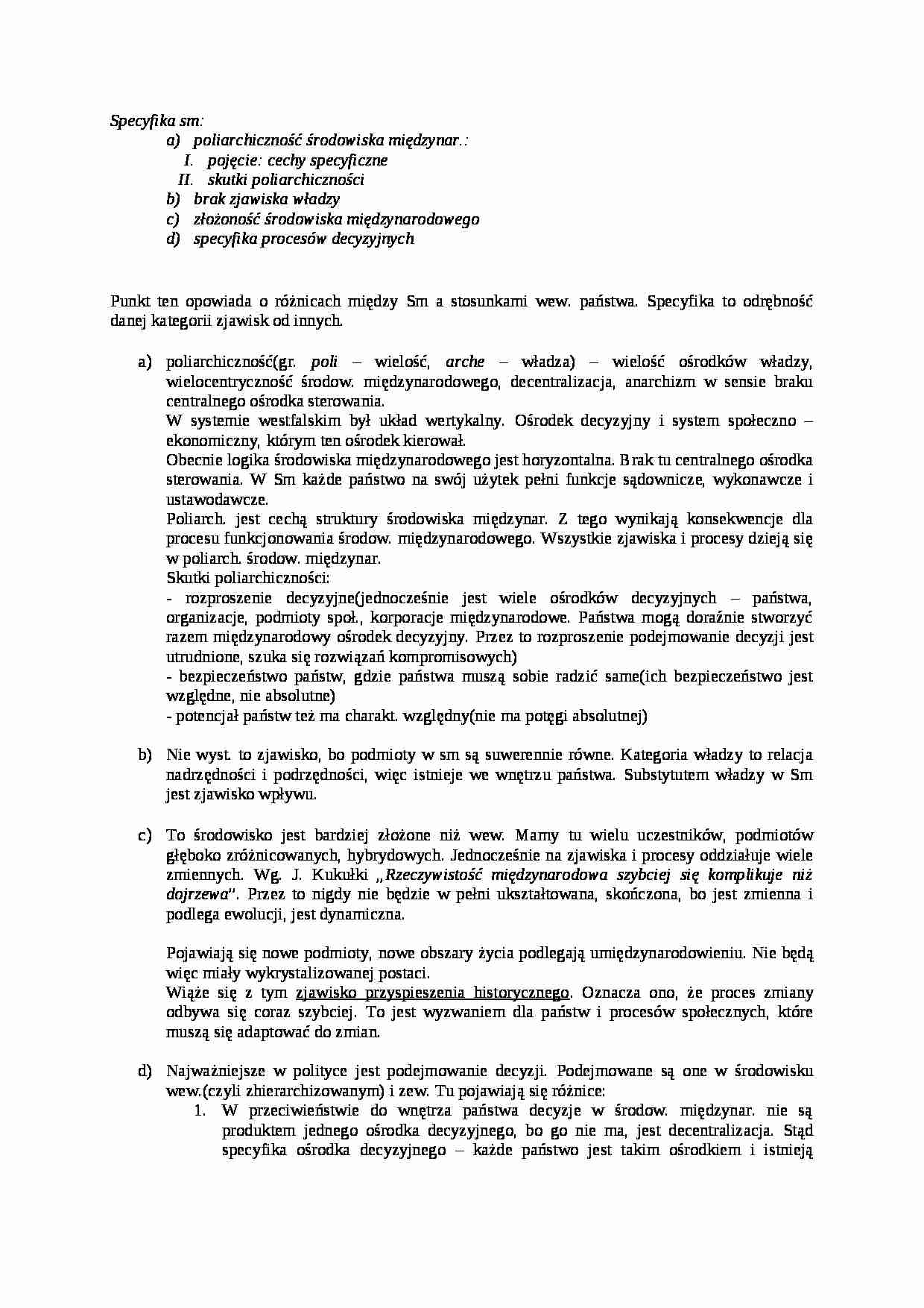 Specyfika stosunków międzynarodowych-opracowanie - strona 1