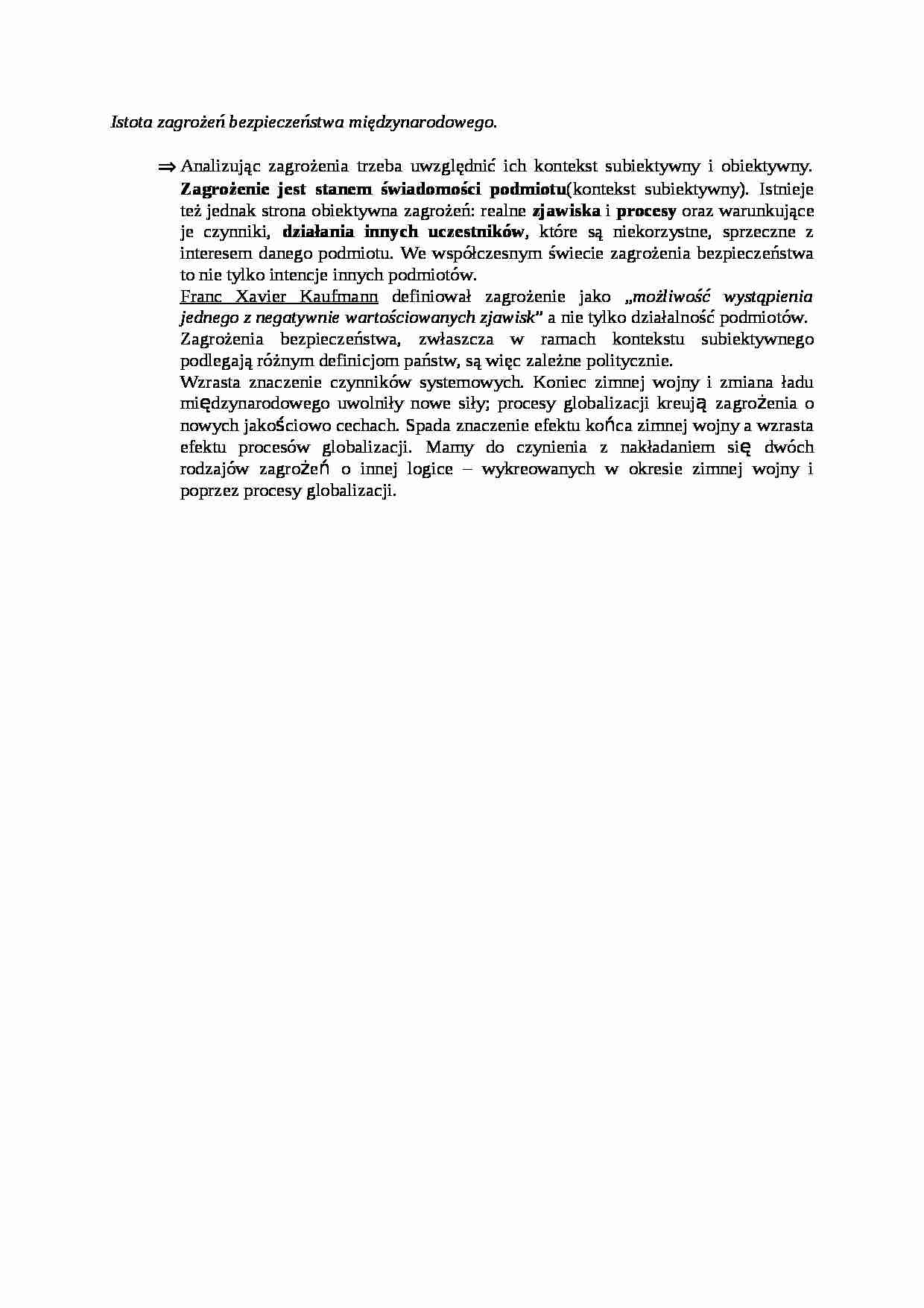 Istota zagrożeń bezpieczeństwa międzynarodowego- opracowanie - strona 1