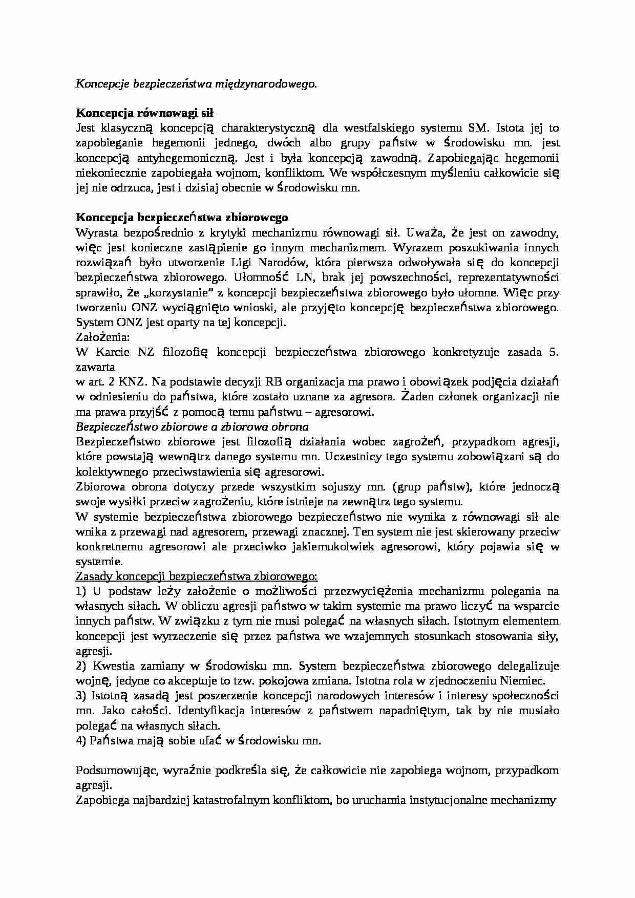 Koncepcje bezpieczeństwa międzynarodowego- opracowanie - strona 1