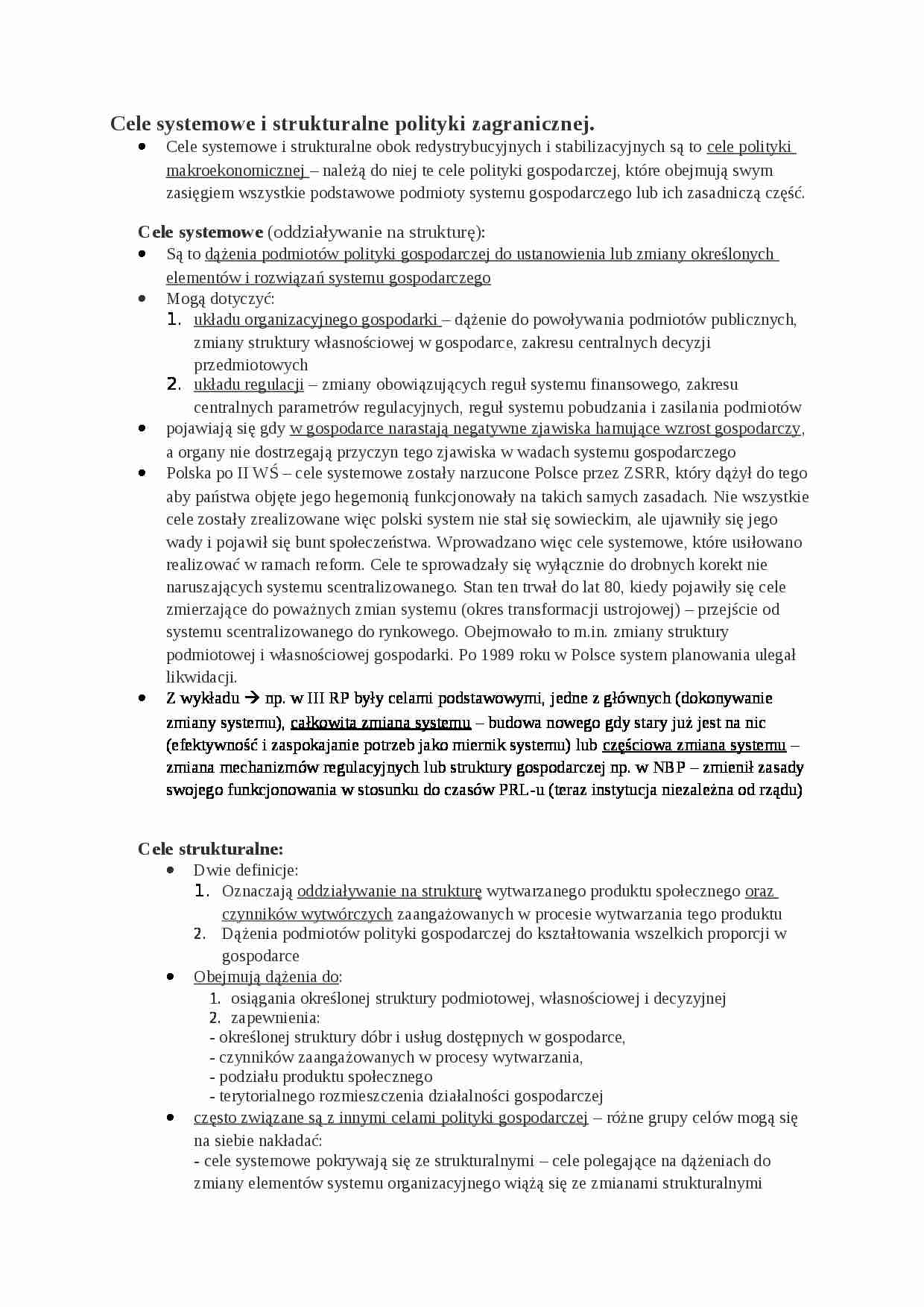 Cele systemowe i strukturalne polityki zagranicznej- opracowanie - strona 1