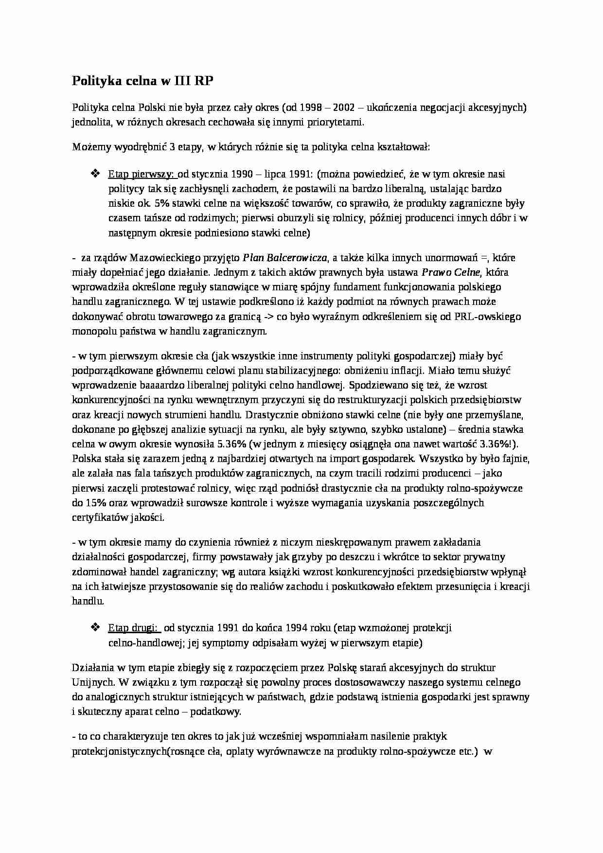 Polityka celna w III RP- opracowanie - strona 1