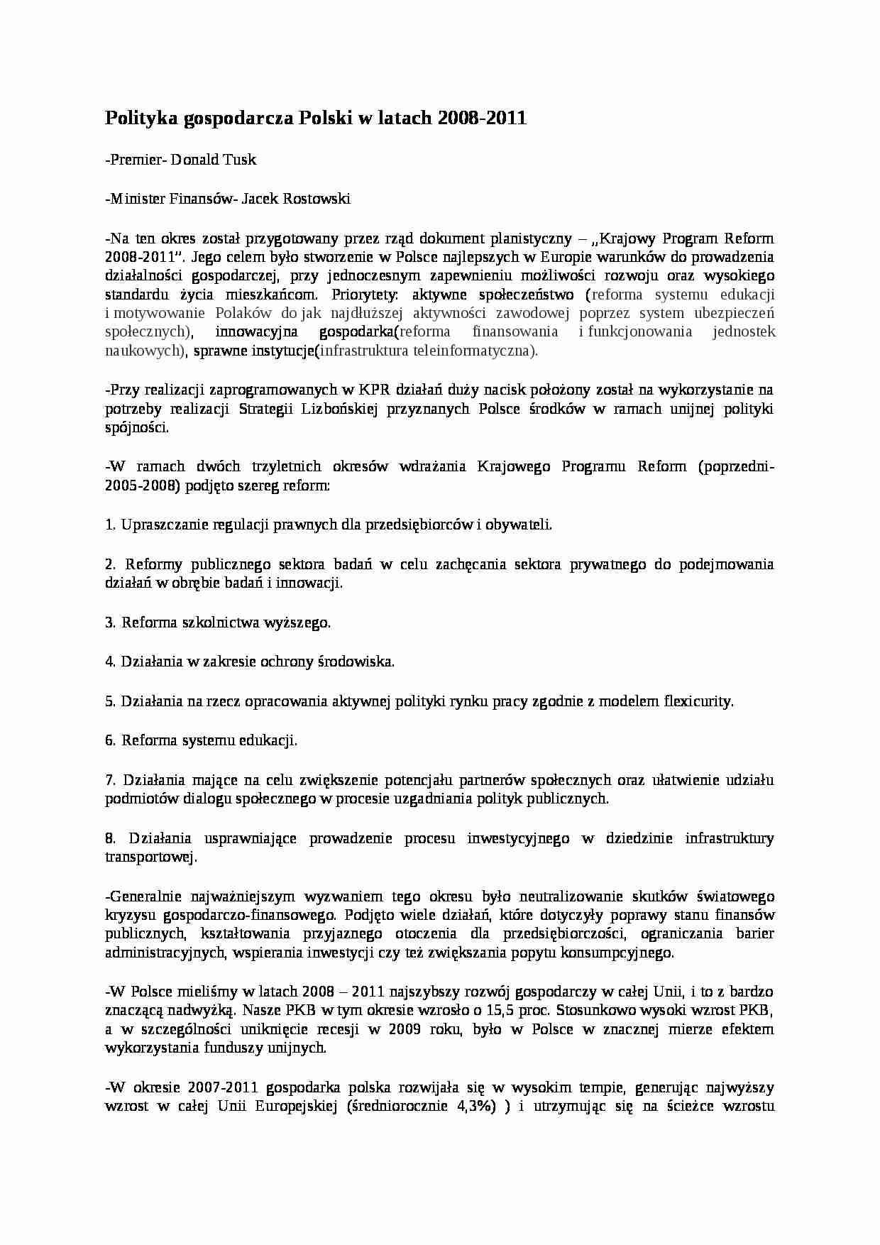 Polityka gospodarcza Polski w latach 2008-2011- opracowanie - strona 1