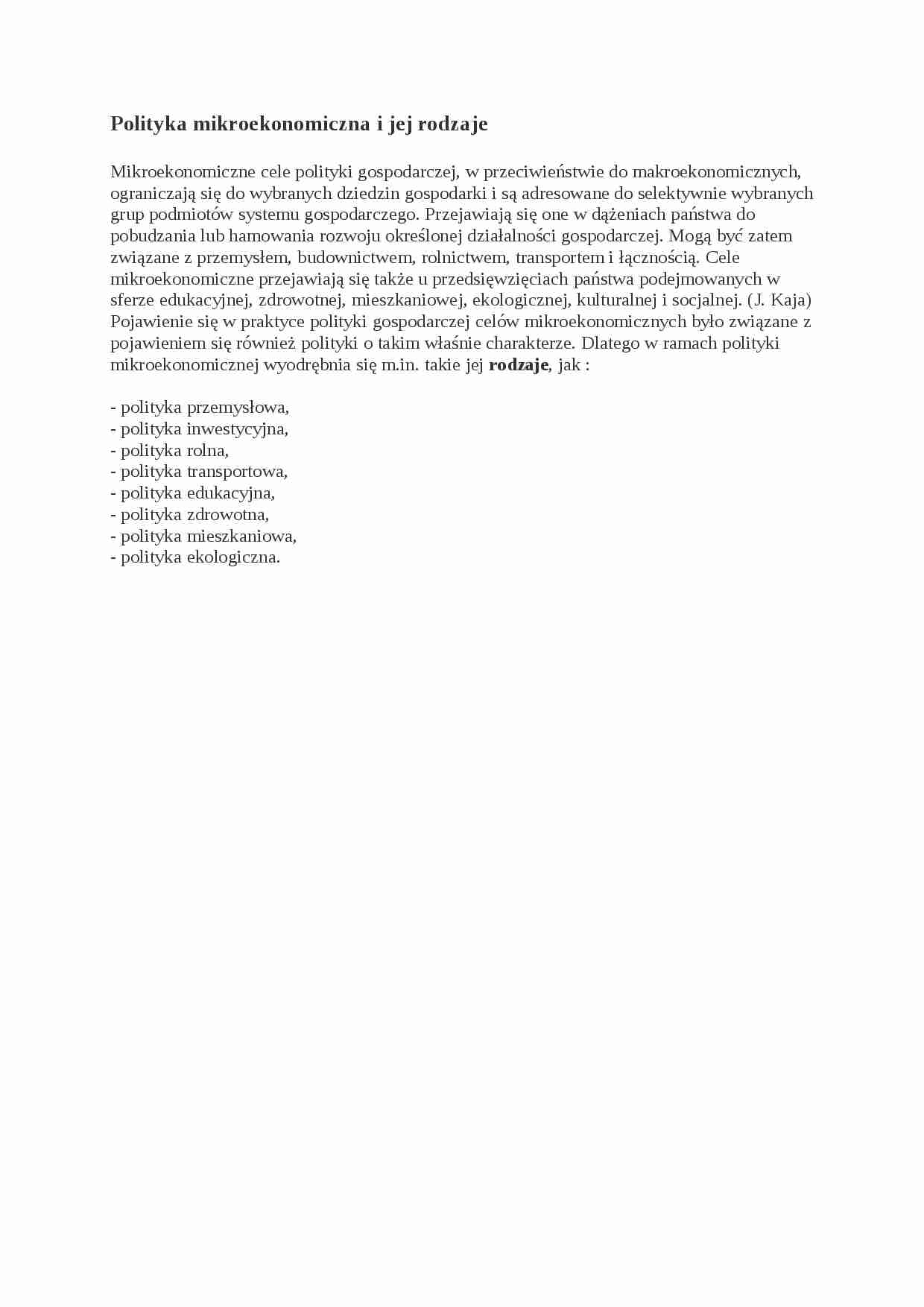 Polityka mikroekonomiczna i jej rodzaje- opracowanie - strona 1