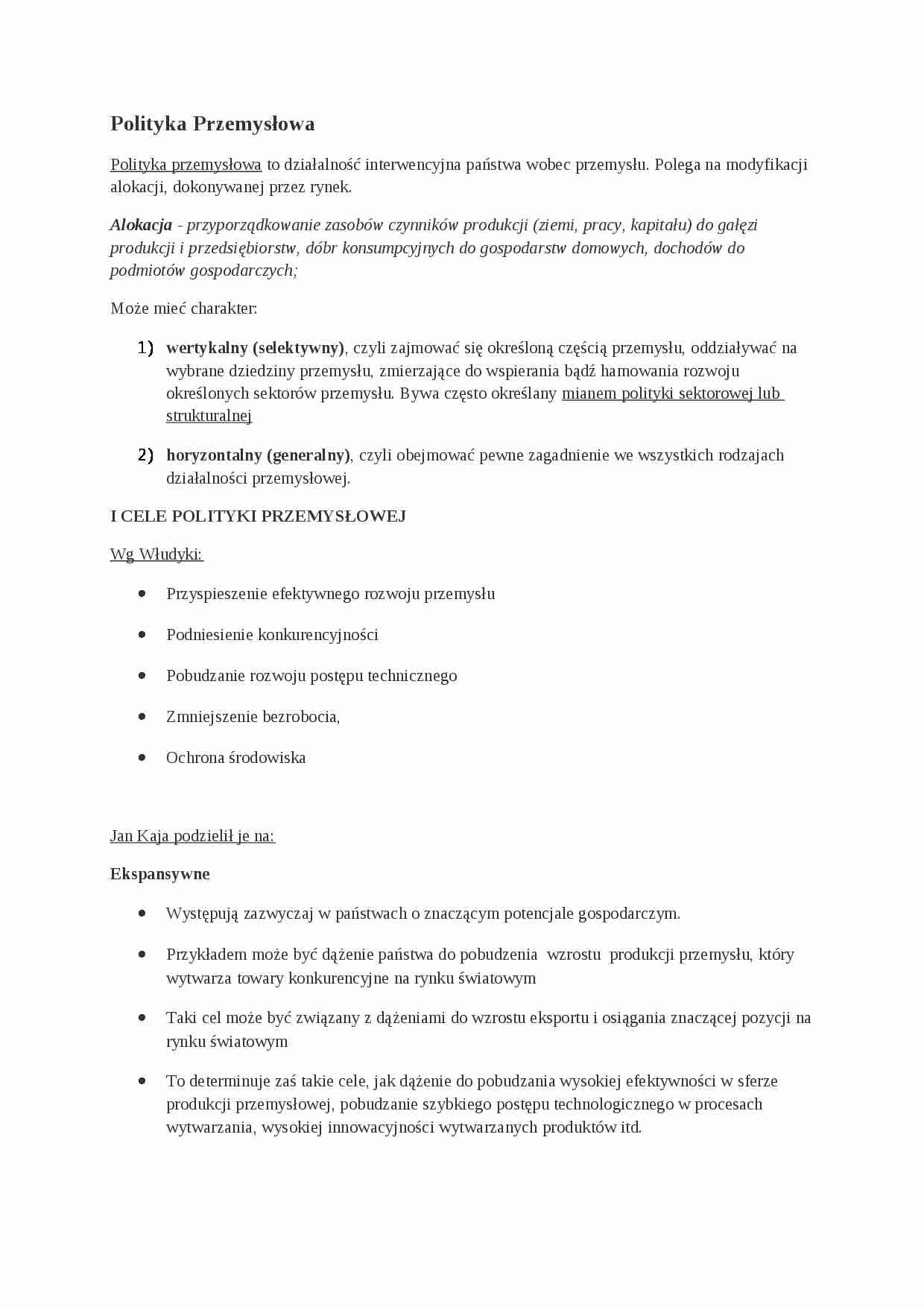 Polityka przemysłowa- opracowanie - strona 1