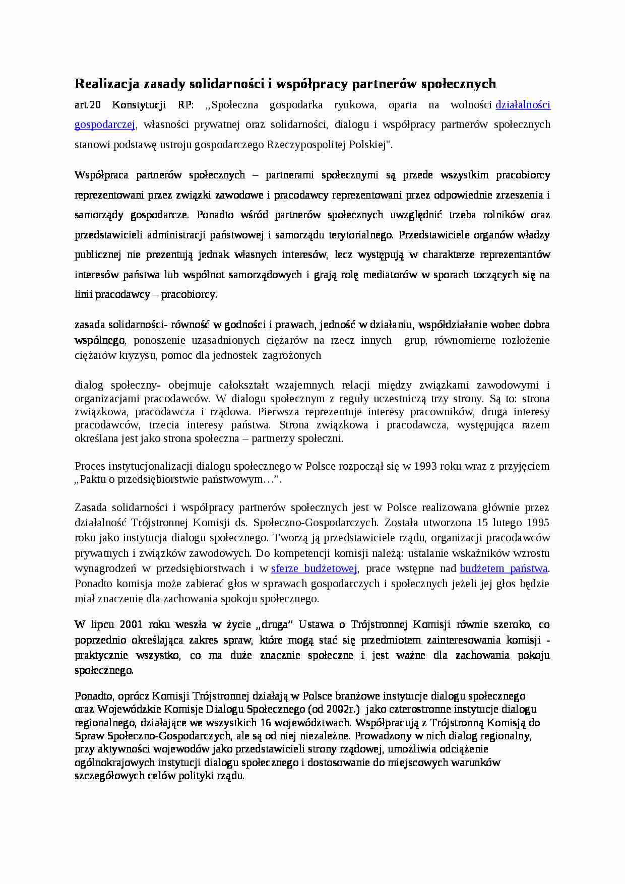 Realizacja zasady solidarności i współpracy partnerów społecznych - strona 1