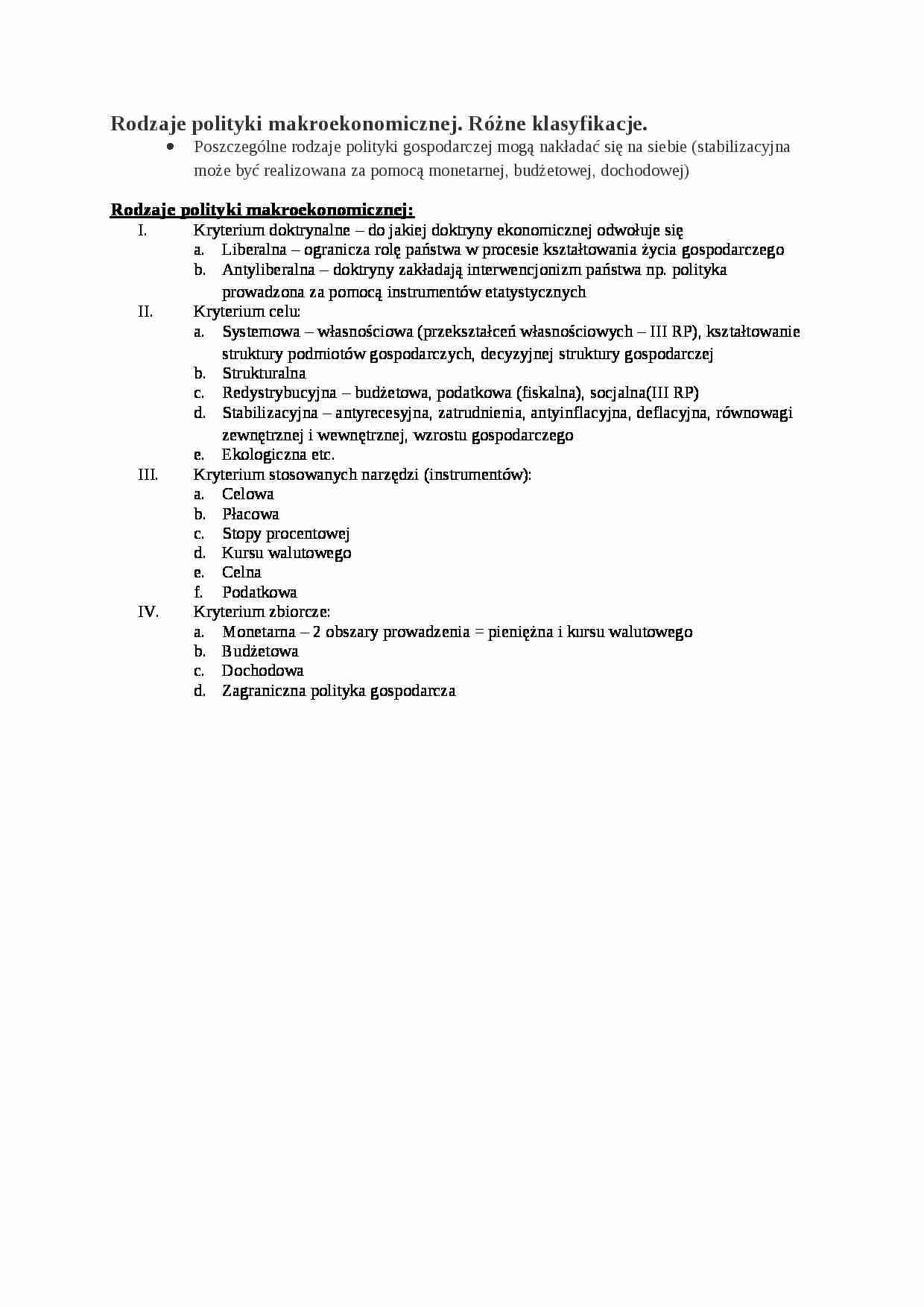 Rodzaje polityki makroekonomicznej - różne klasyfikacje - strona 1