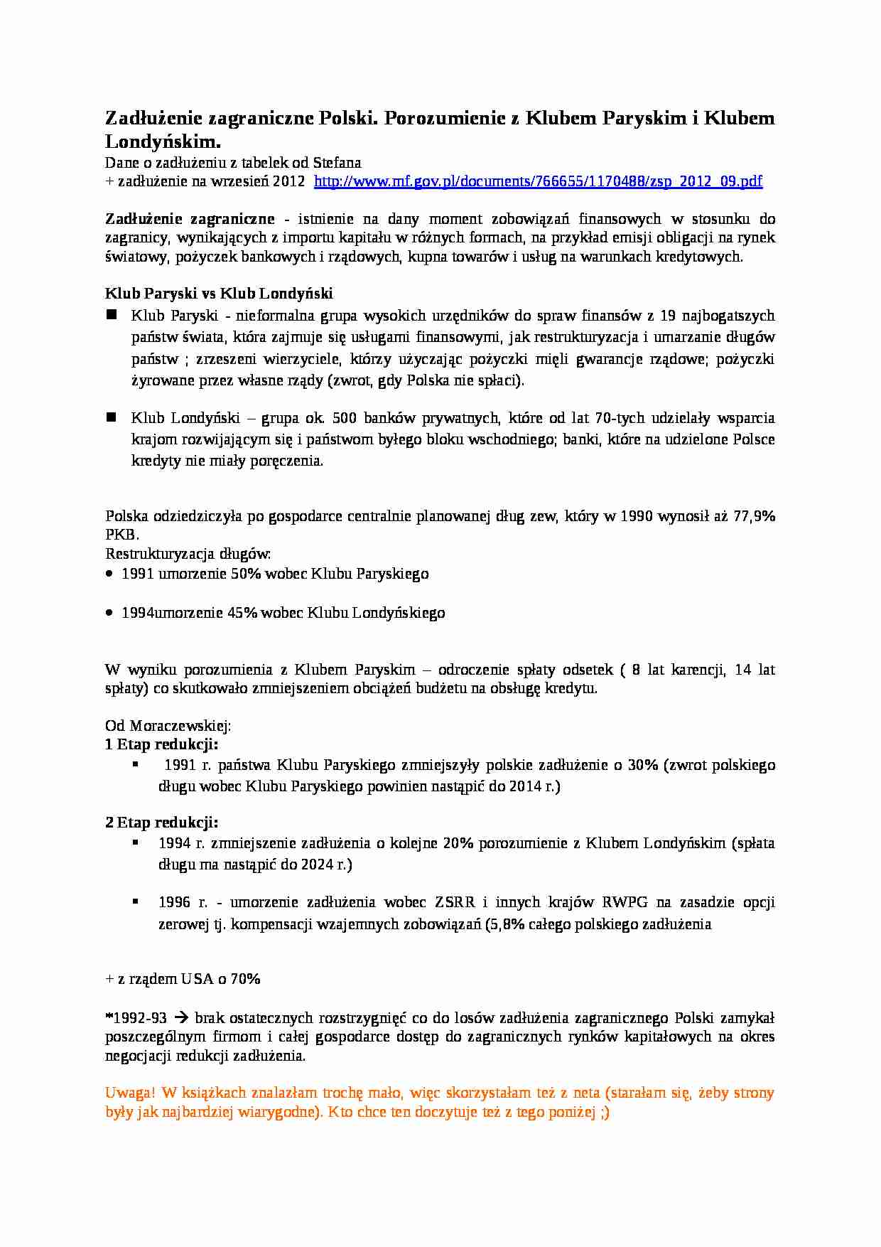 Zadłużenie zagraniczne Polski. Porozumienie z Klubem Paryskim i Klubem Londyńskim. - strona 1