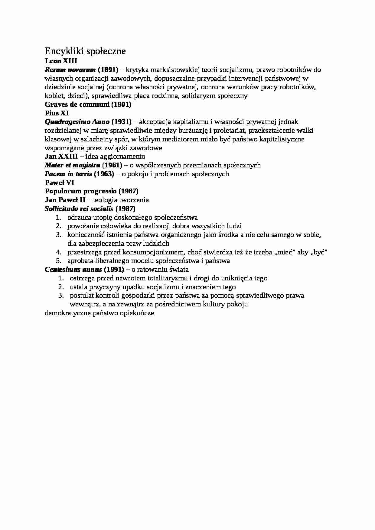 Encykliki społeczne- opracowanie - strona 1