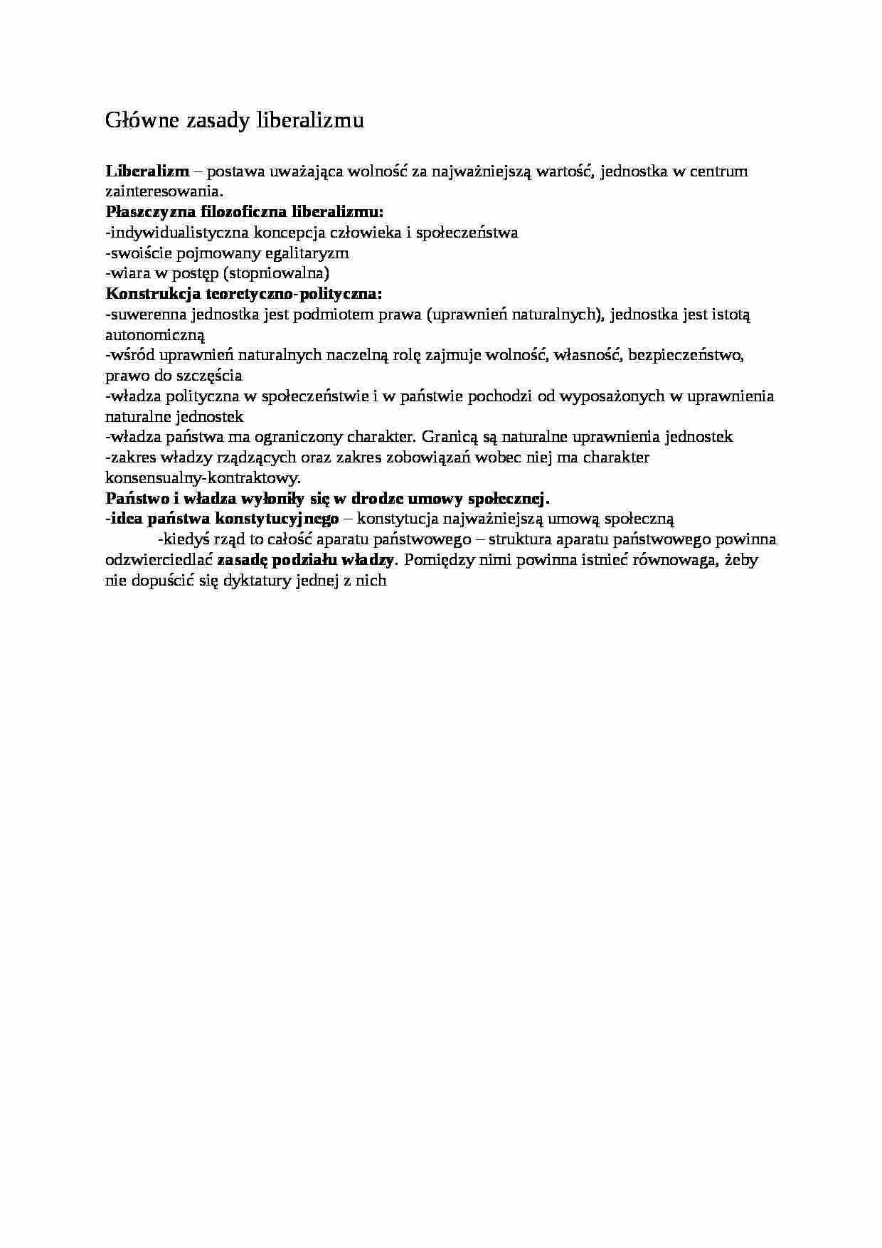 Główne zasady liberalizmu- opracowanie - strona 1