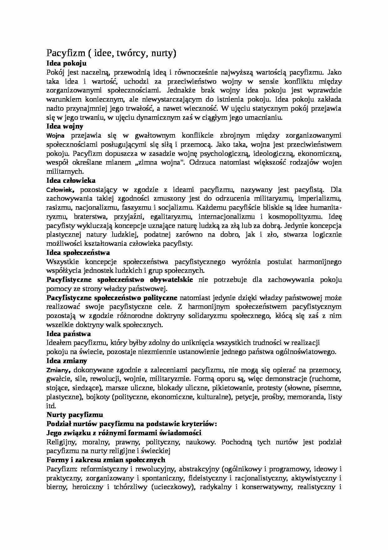 Pacyfizm ( idee, twórcy, nurty)- opracowanie - strona 1