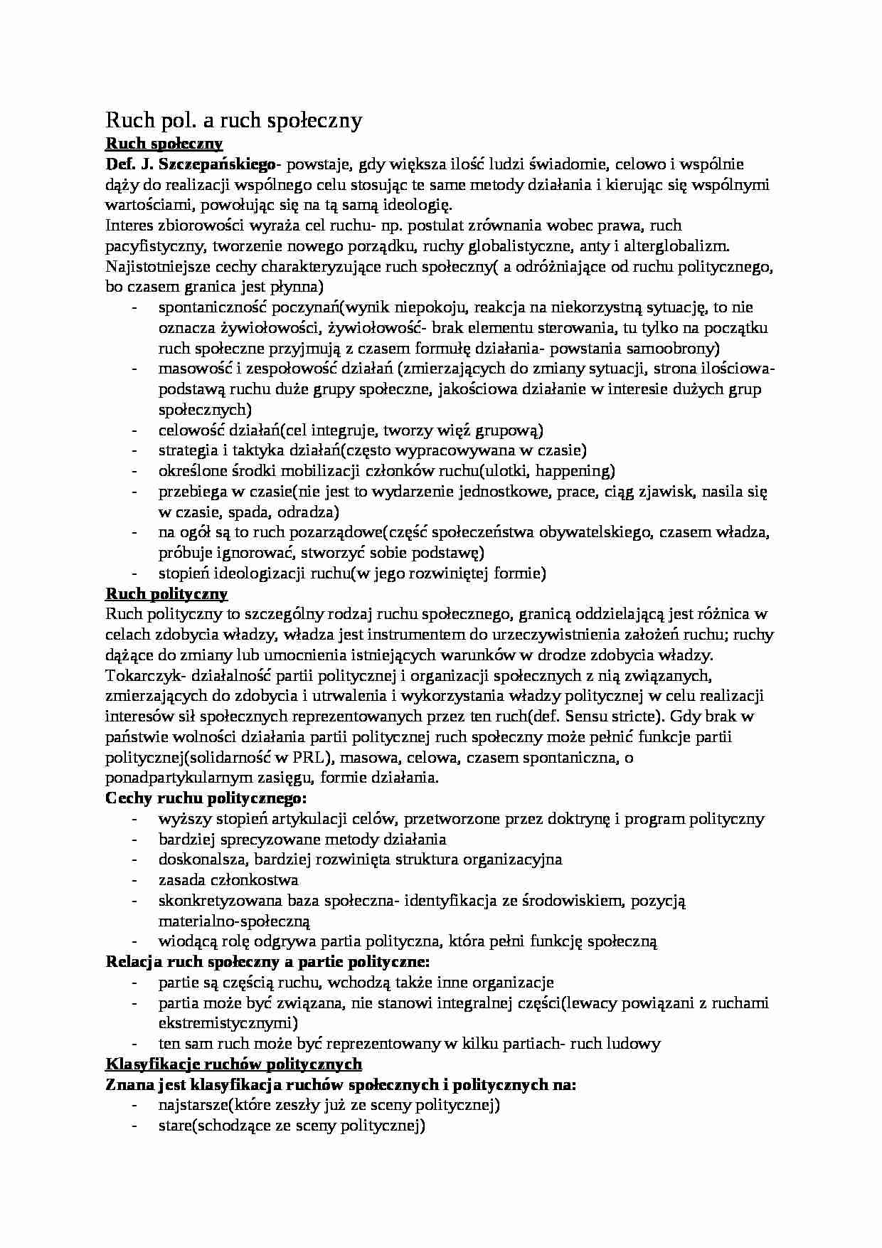 Ruch polityczny a ruch społeczny- opracowanie - strona 1