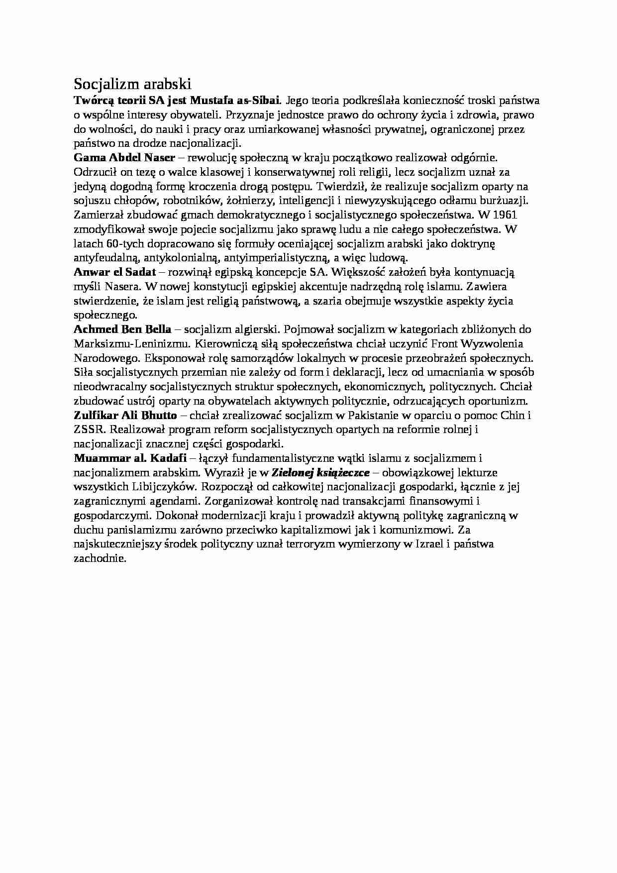 Socjalizm arabski- opracowanie - strona 1