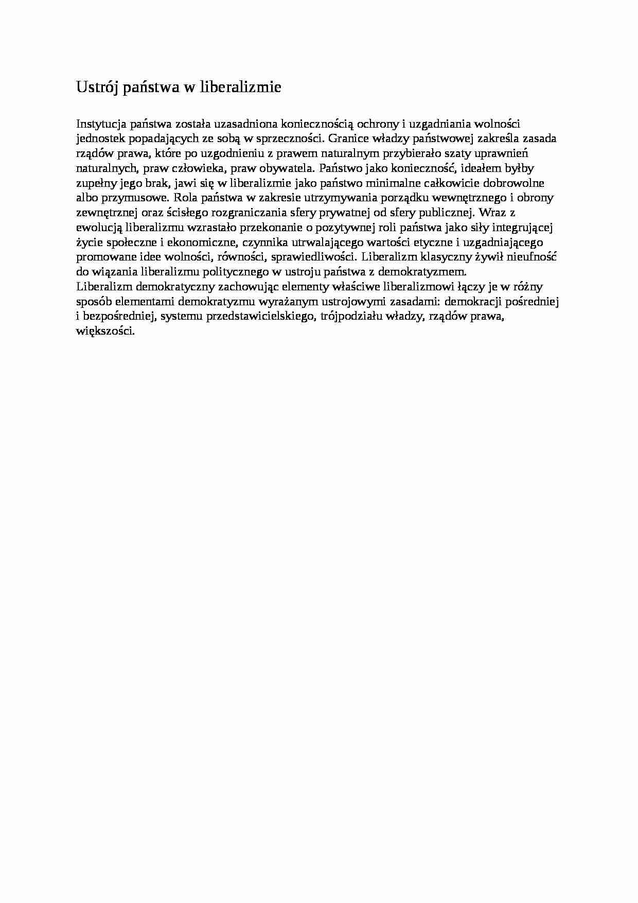 Ustrój państwa w liberalizmie- opracowanie - strona 1