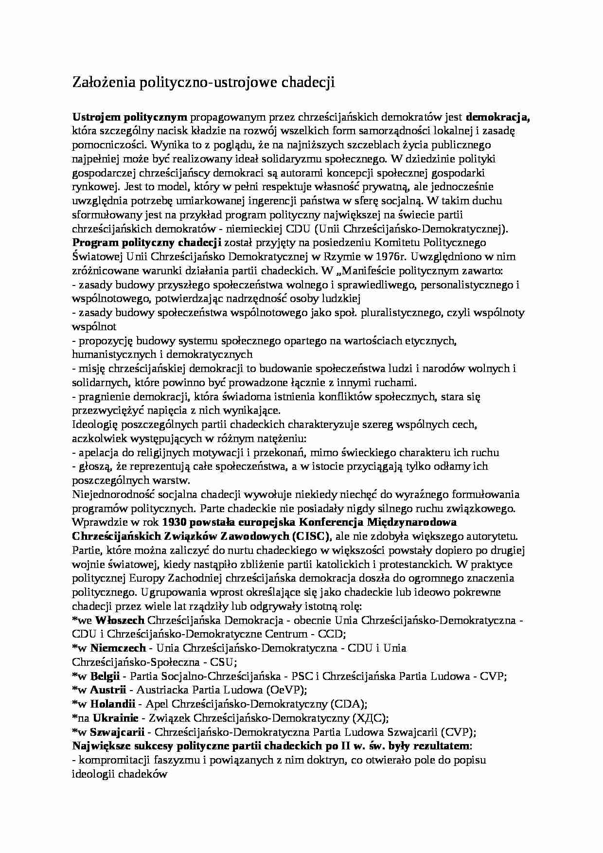 Założenia polityczno-ustrojowe chadecji- opracowanie - strona 1