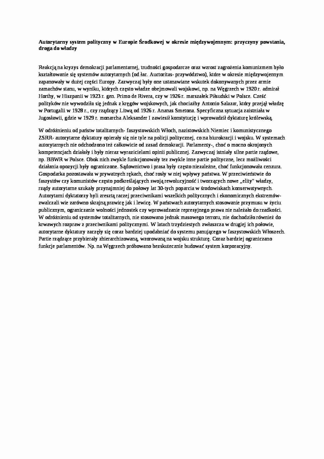 Autorytarny system polityczny w Europie środkowej w okresie międzywojennym- przyczyny powstania, droga do władzy - strona 1