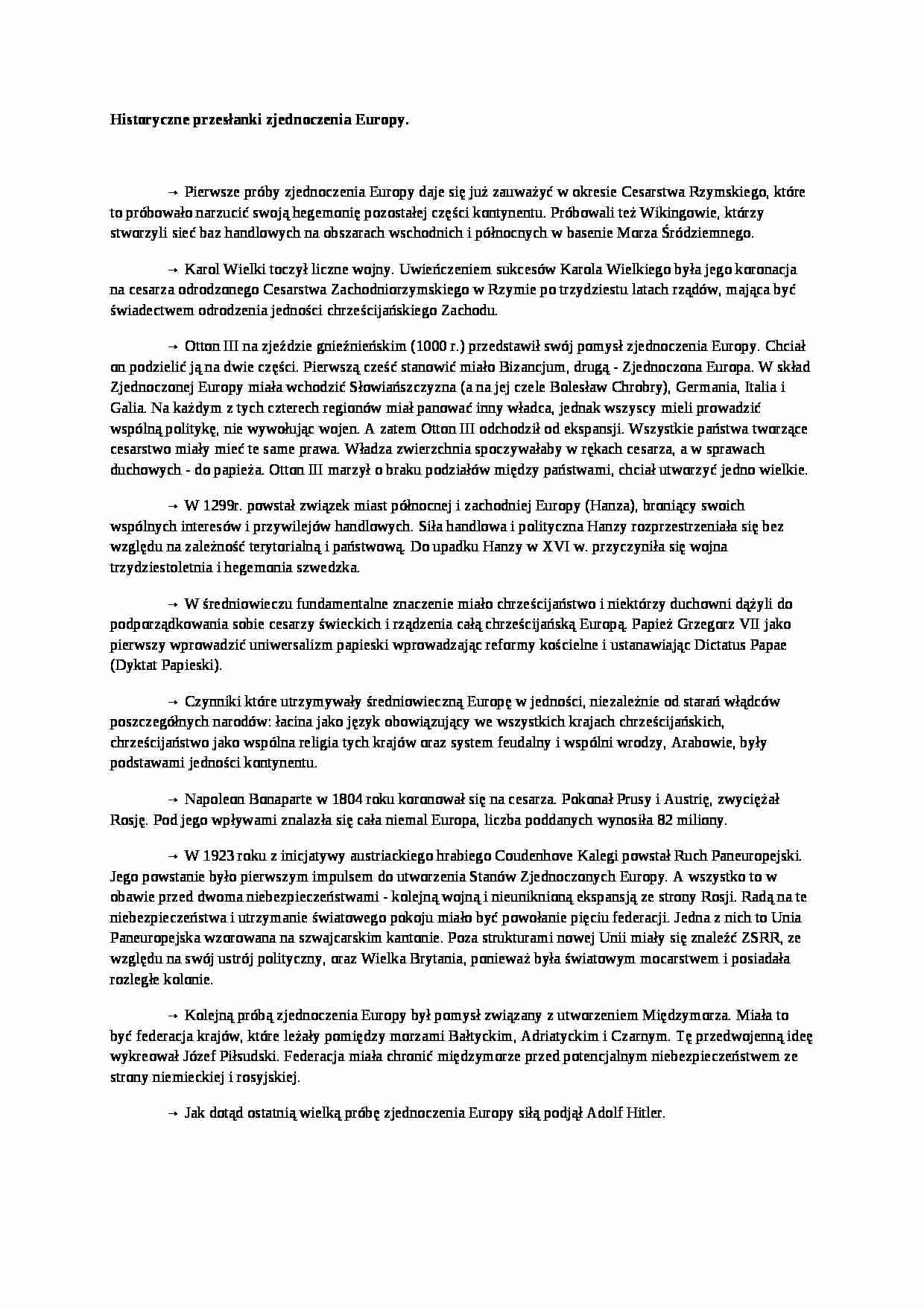 Historyczne przesłanki zjednoczenia Europy- opracowanie - strona 1