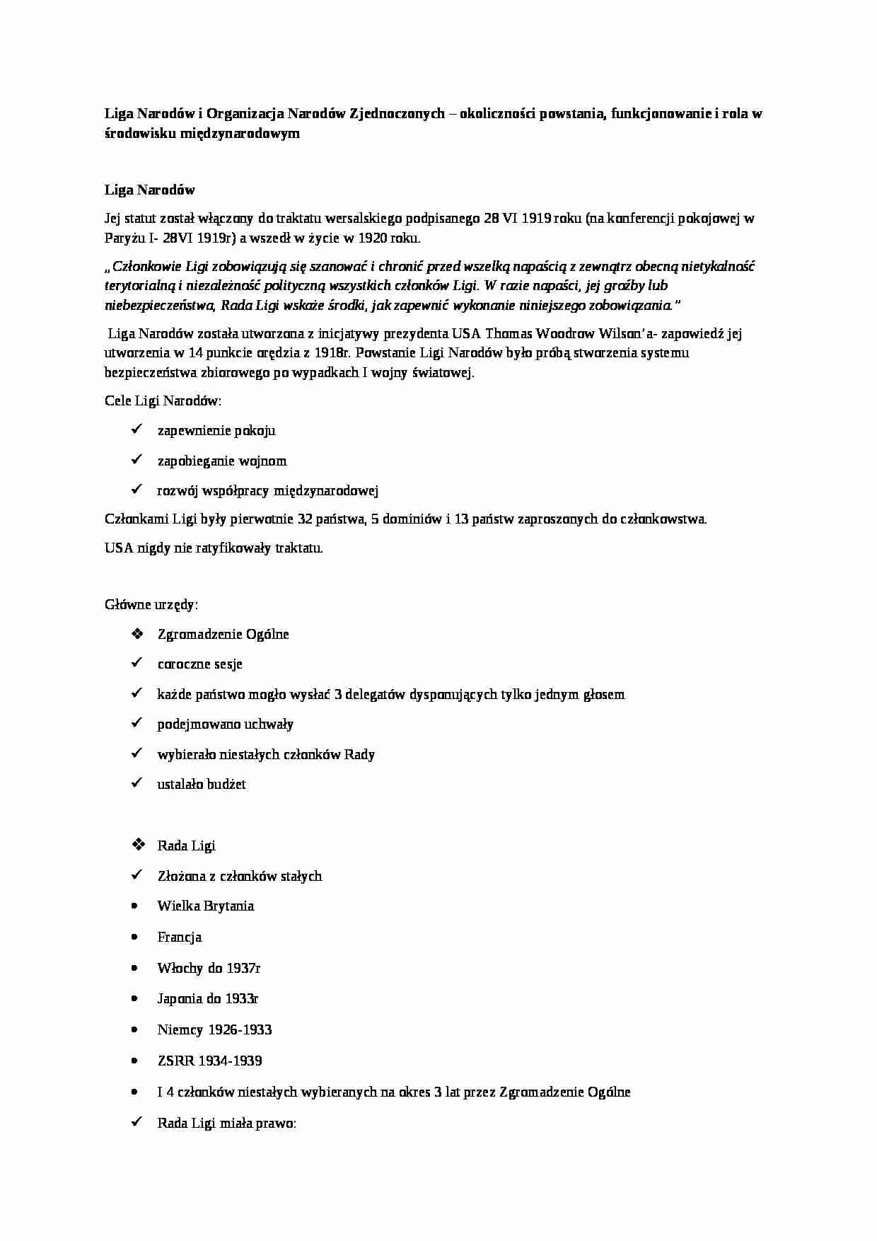 Liga Narodów i Organizacja Narodów Zjednoczonych- okoliczności powstania, funkcjonowanie i rola w _rodowisku mi_dzynarodowym - strona 1