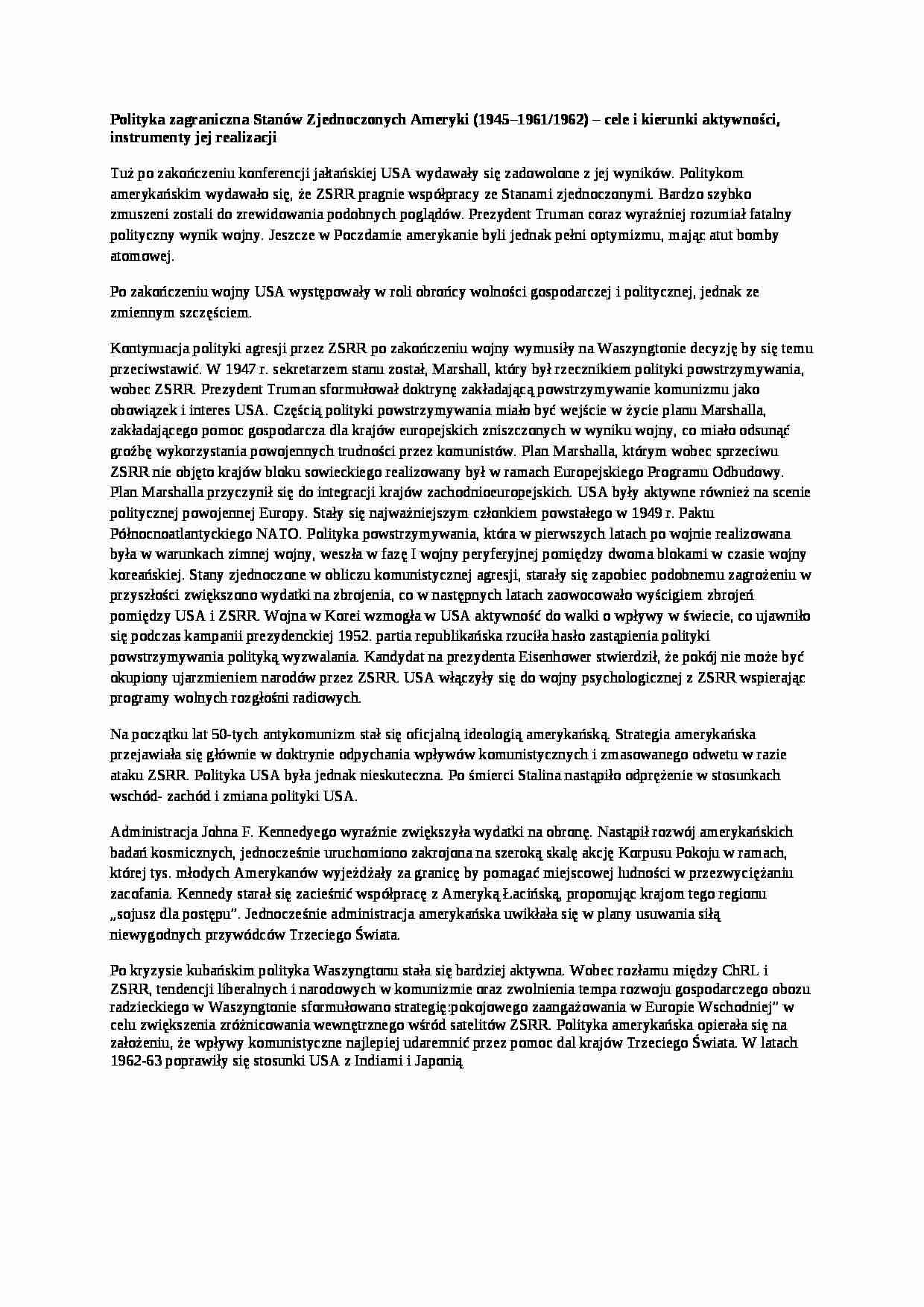 Polityka zagraniczna Stanów Zjednoczonych Ameryki - cele i kierunki aktywności, instrumenty jej realizacji - strona 1