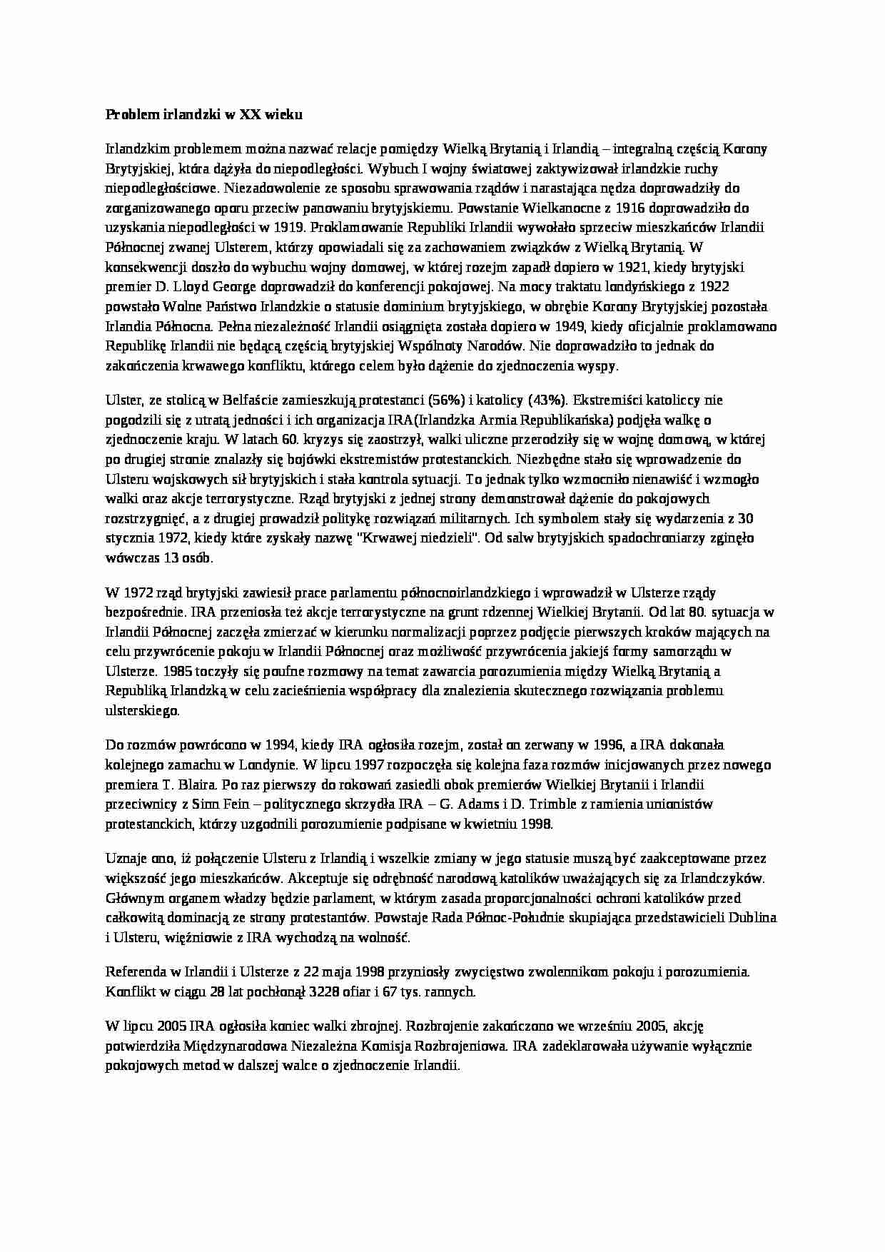 Problem irlandzki w XX wieku- opracowanie - strona 1