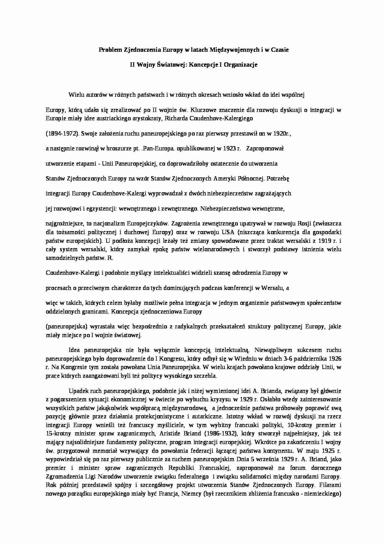 Problem Zjednoczenia Europy w latach Międzywojennych i w czasie II wojny światowej- opracowanie - strona 1