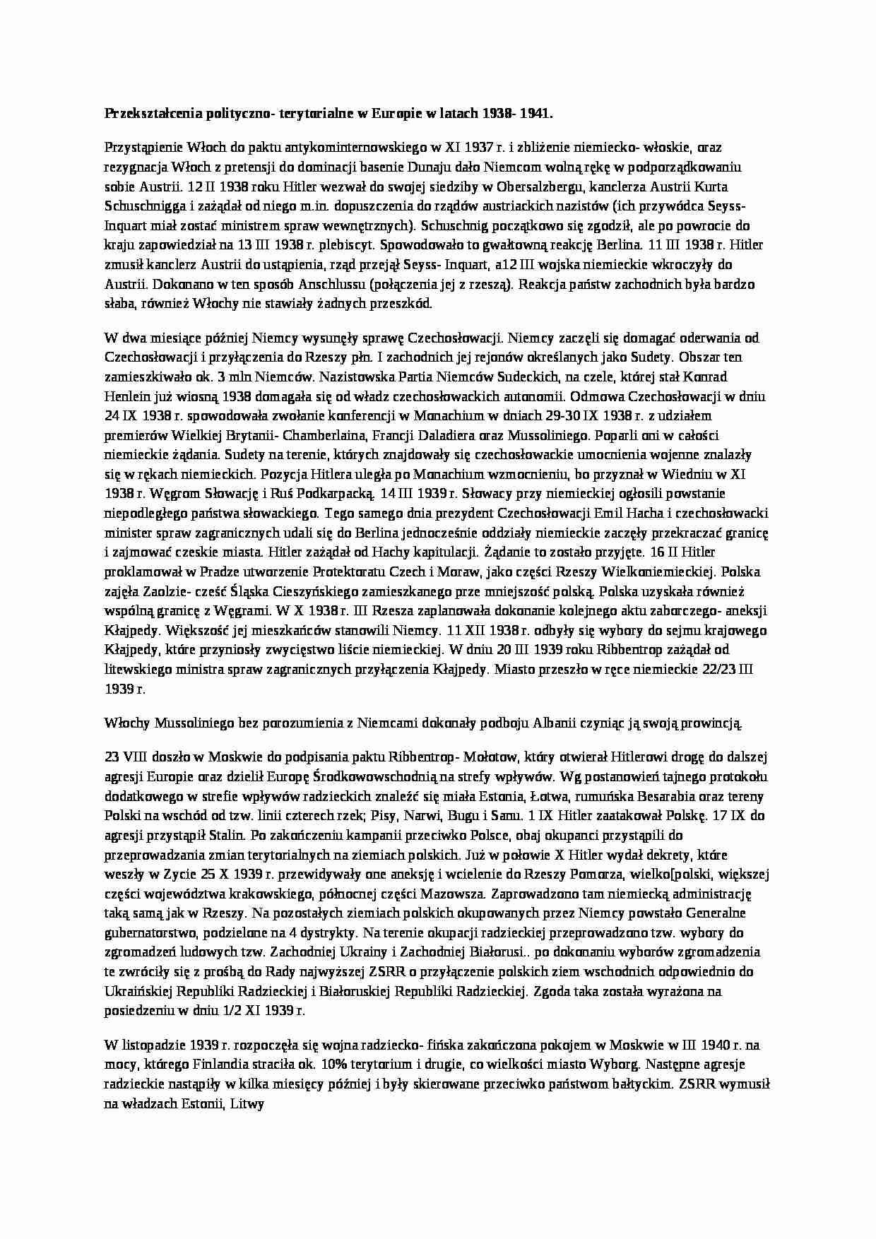 Przekształcenia polityczno- terytorialne w Europie w latach 1938- 1941 - strona 1