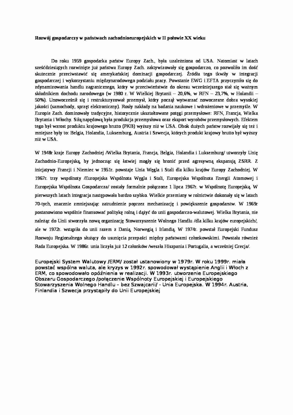 Rozwój gospodarczy w państwach zachodnioeuropejskich w II połowie XX wieku- opracowanie - strona 1
