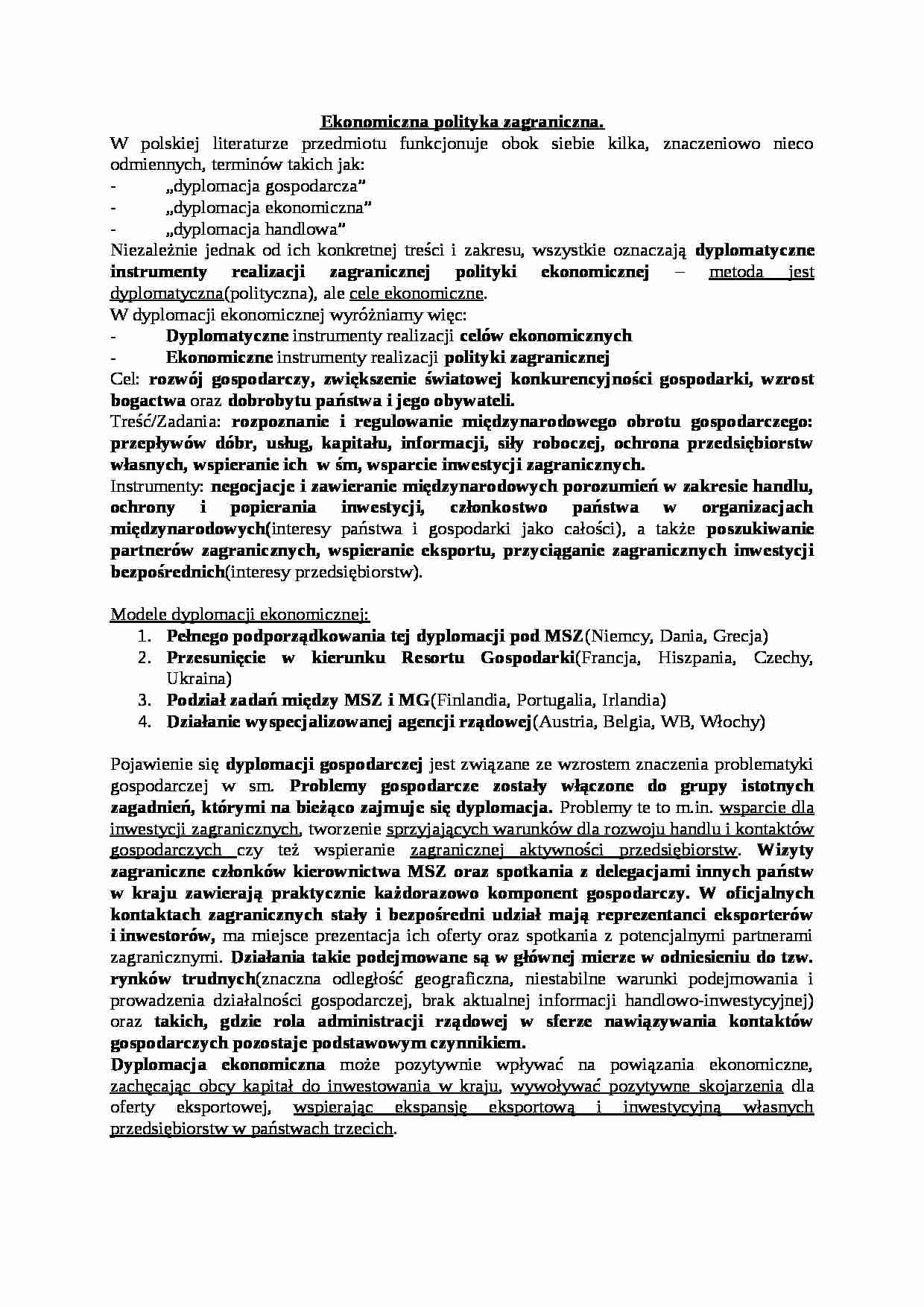 Ekonomiczna polityka zagraniczna- opracowanie - strona 1