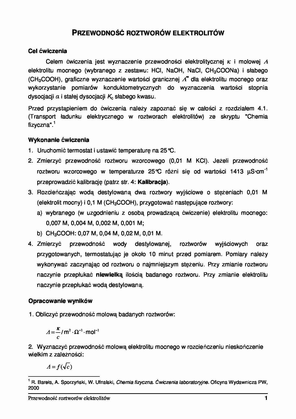 Przewodność roztworów elektroliów- instrukcja do ćwiczenia - strona 1