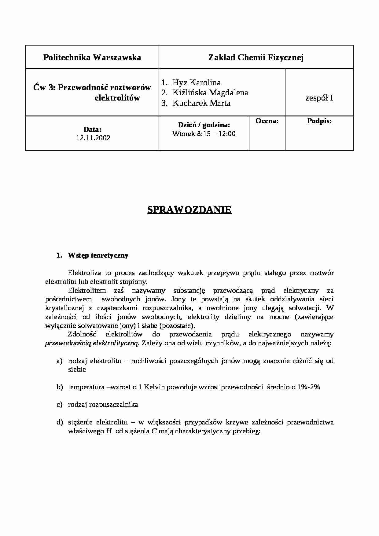 Przewodność roztworów elektrolitów- ćwiczenie - strona 1