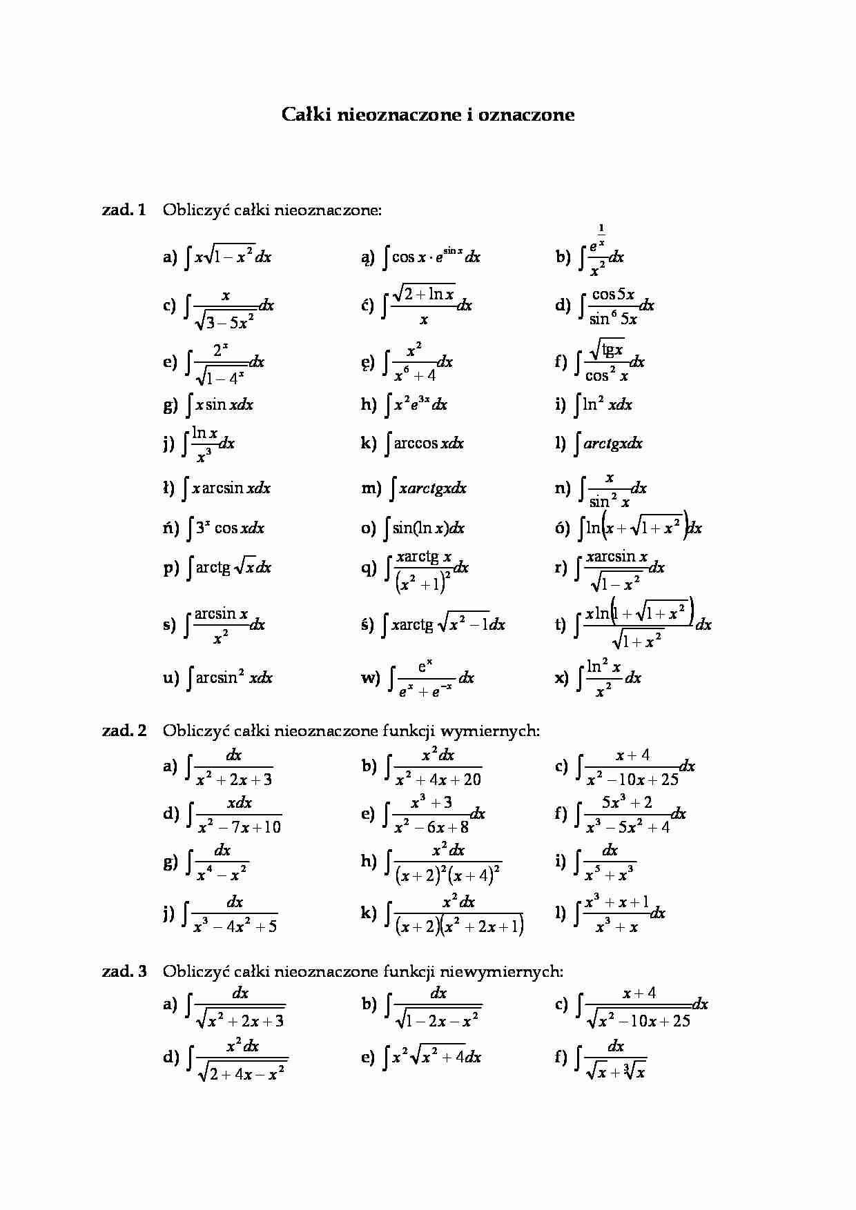 Całki nieoznaczone i oznaczone - ćwiczenia - strona 1