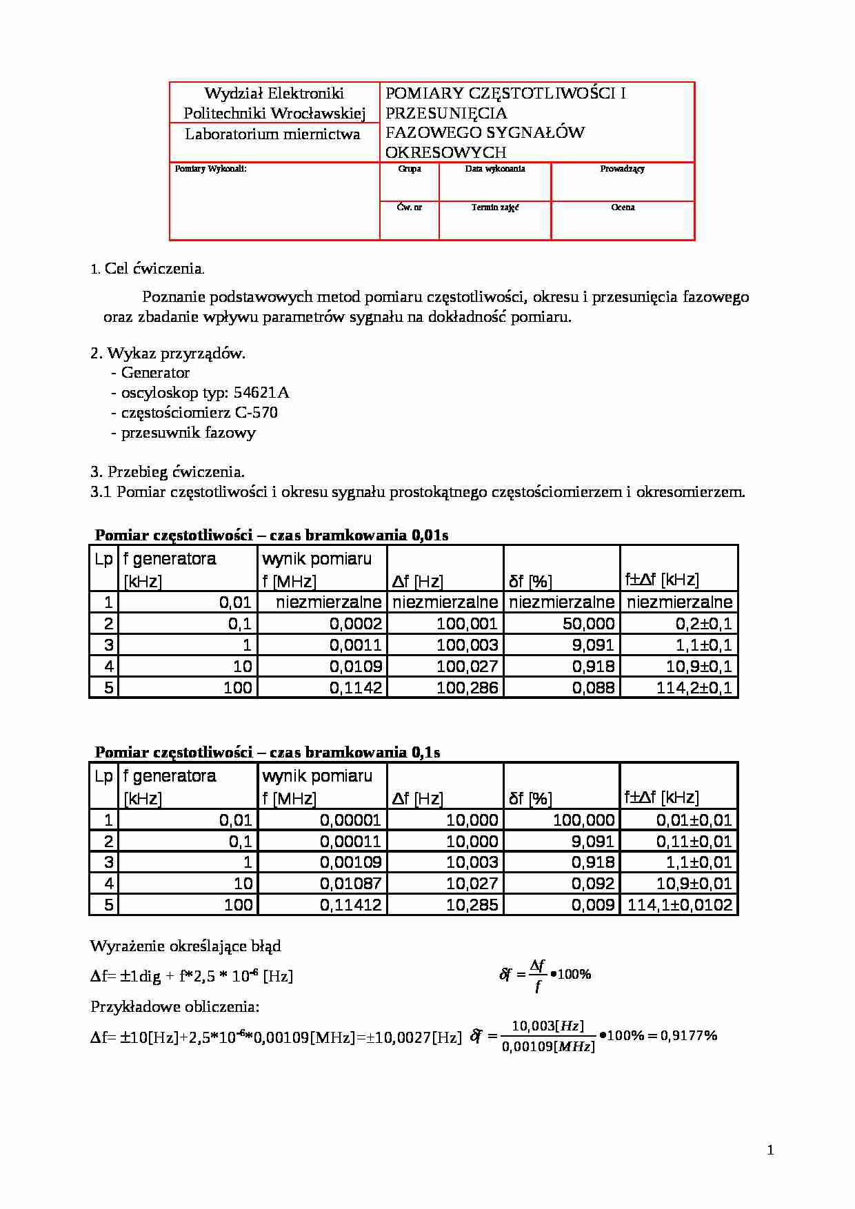 Wykład - pomiary częstotliwości i przesunięcia fazowego sygnałów okresowych - strona 1
