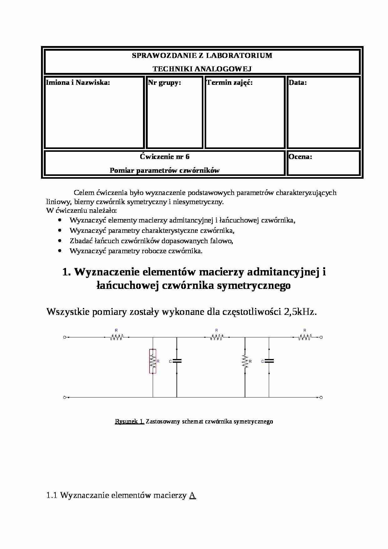 Pomiar parametrów czwórników - sprawozdanie - strona 1