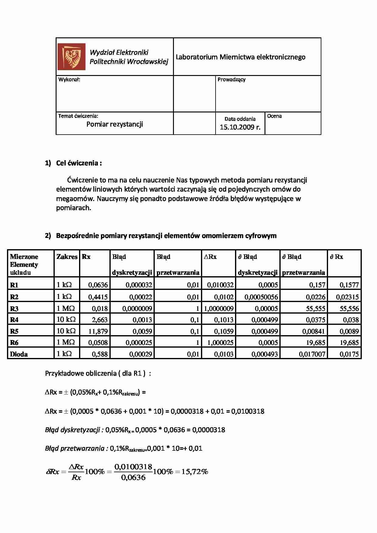 Pomiar rezystancji - sprawozdanie - strona 1
