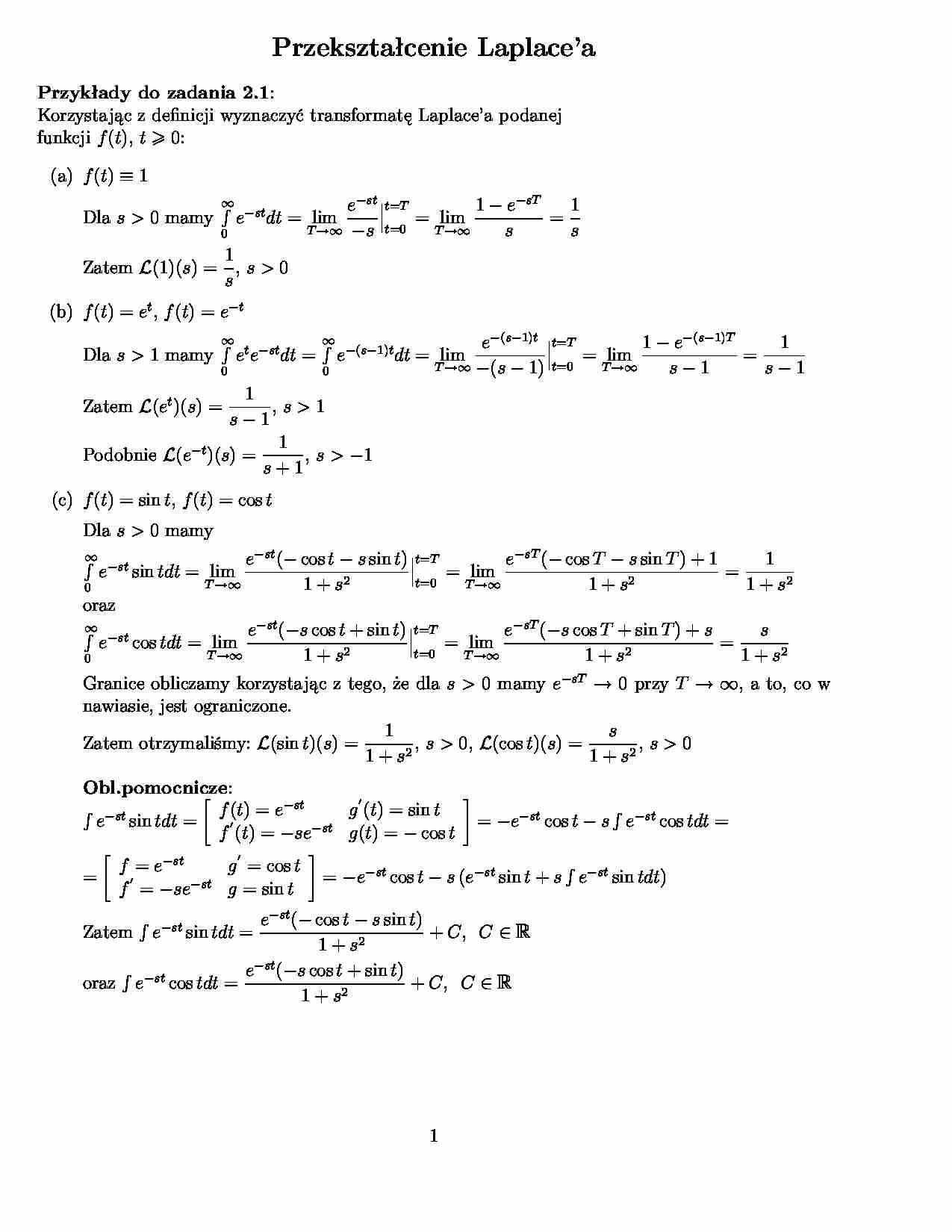 Transformata Laplace'a - ćwiczenia - strona 1