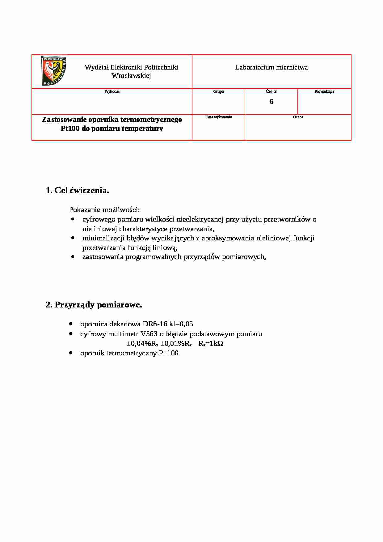 Zastosowanie opornika termometrycznego Pt100 do pomiaru temperatury - wykład - strona 1