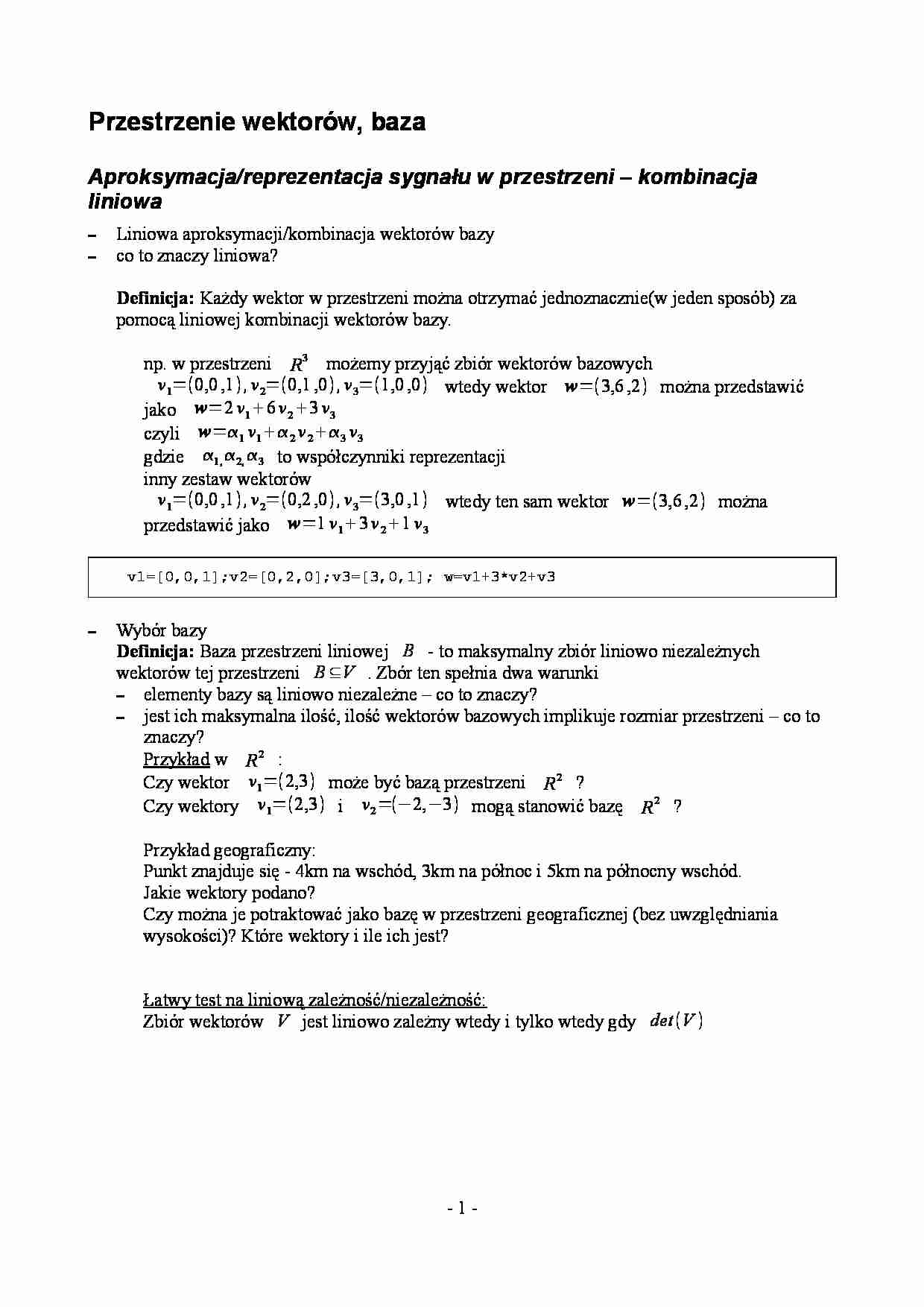 Wykład - przestrzenie wektorów, baza - strona 1