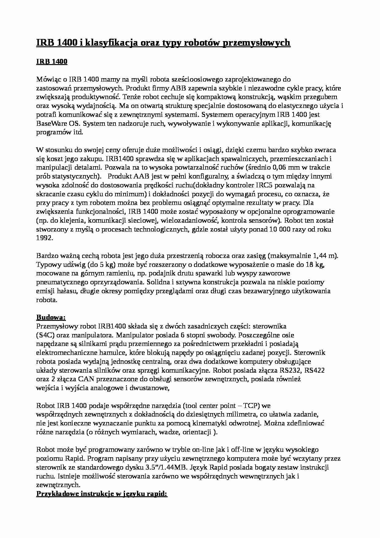 Wykład - irb 1400 i typy robotów przemys_owych - strona 1