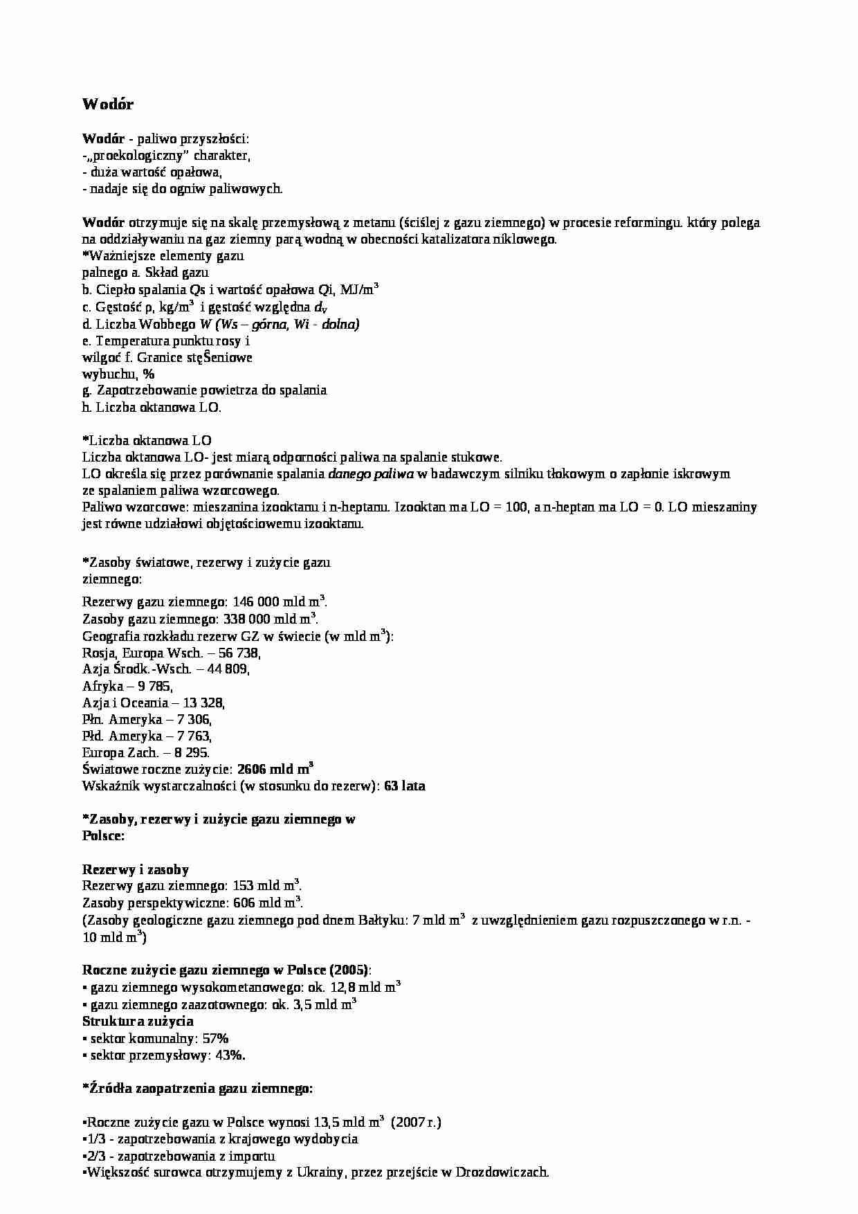 Wodór oraz zuzycie i zasoby gazu ziemnego-opracowanie - strona 1