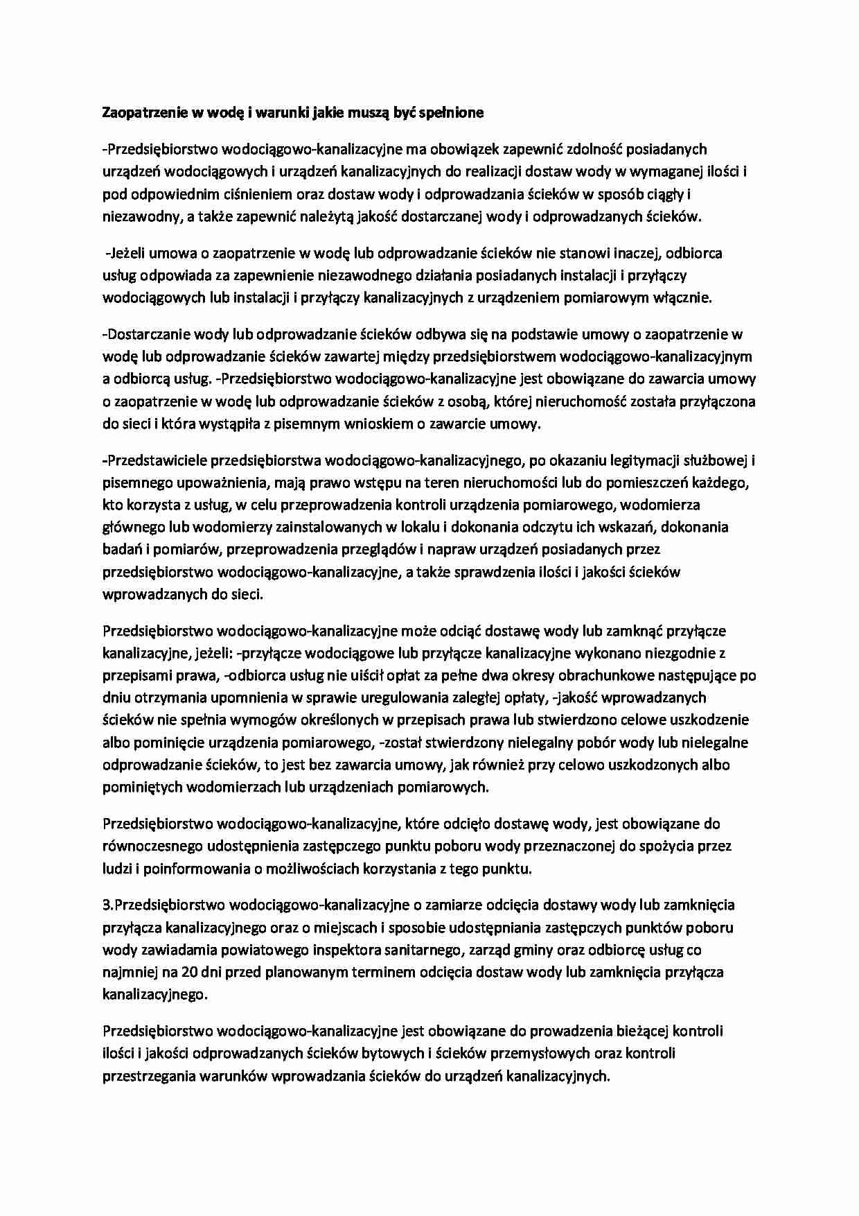 Zaopatrzenie w wodę, warunki jakie muszą być spełnione-opracowanie - strona 1