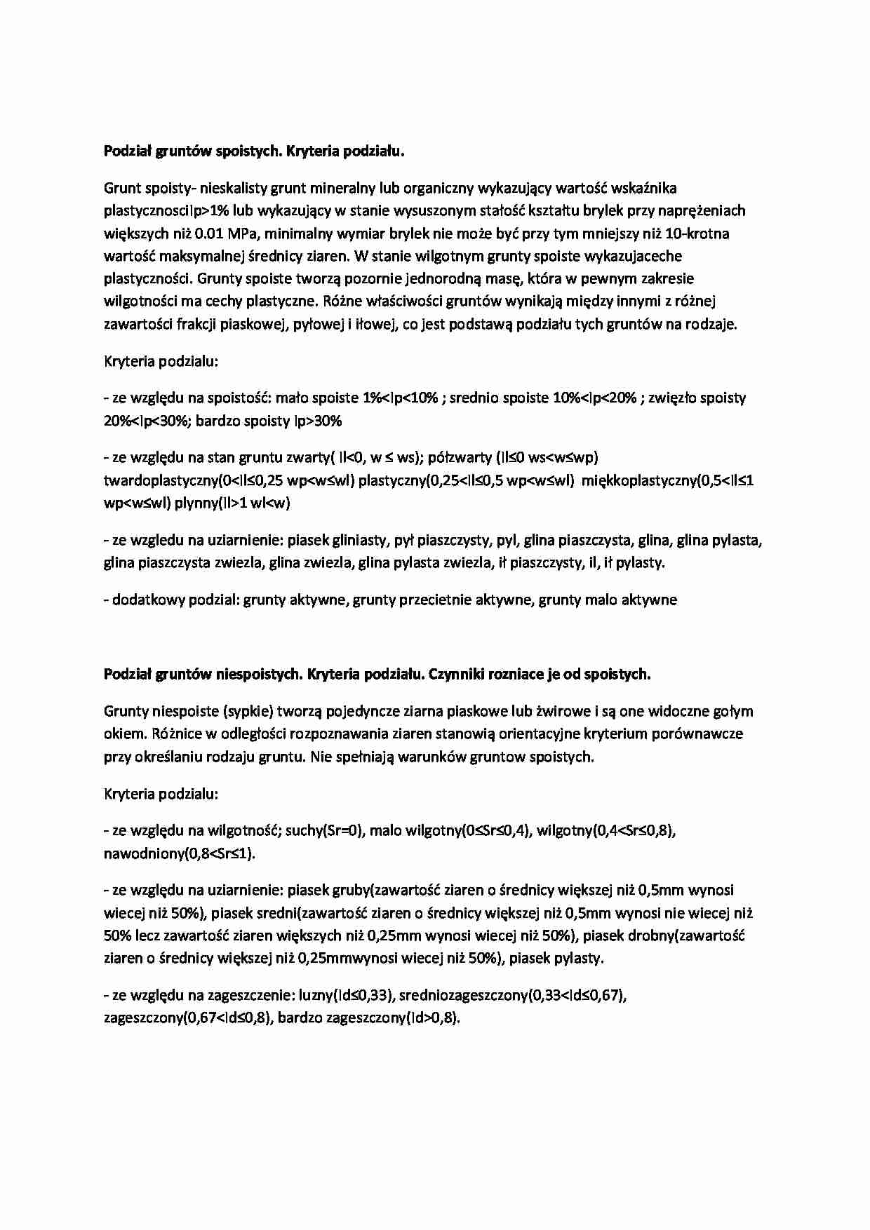 Podział gruntów spoistych i niespoistych -opracowanie - strona 1