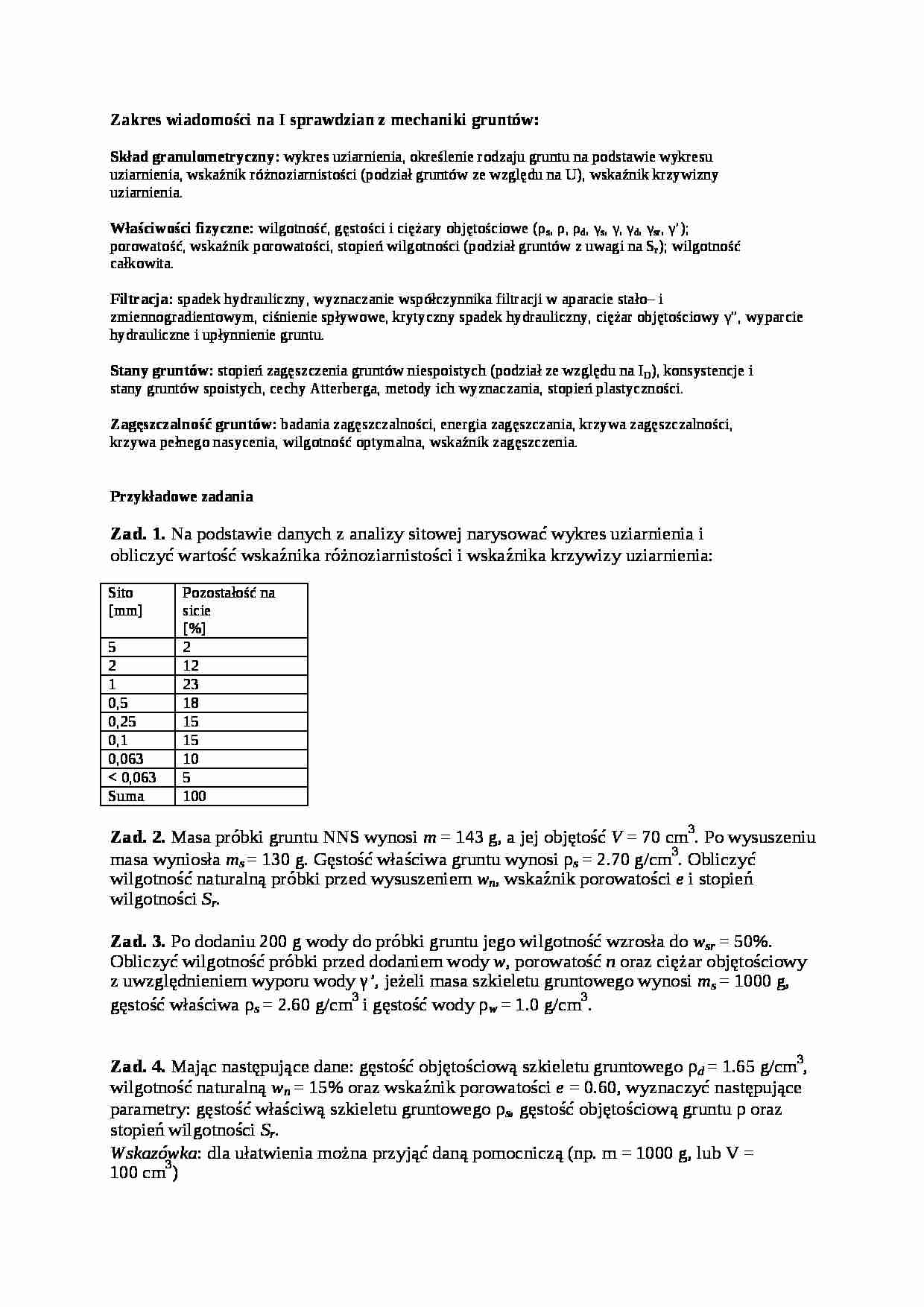 Zakres wiadomości na I sprawdzian z mechaniki gruntów-opracowanie - strona 1