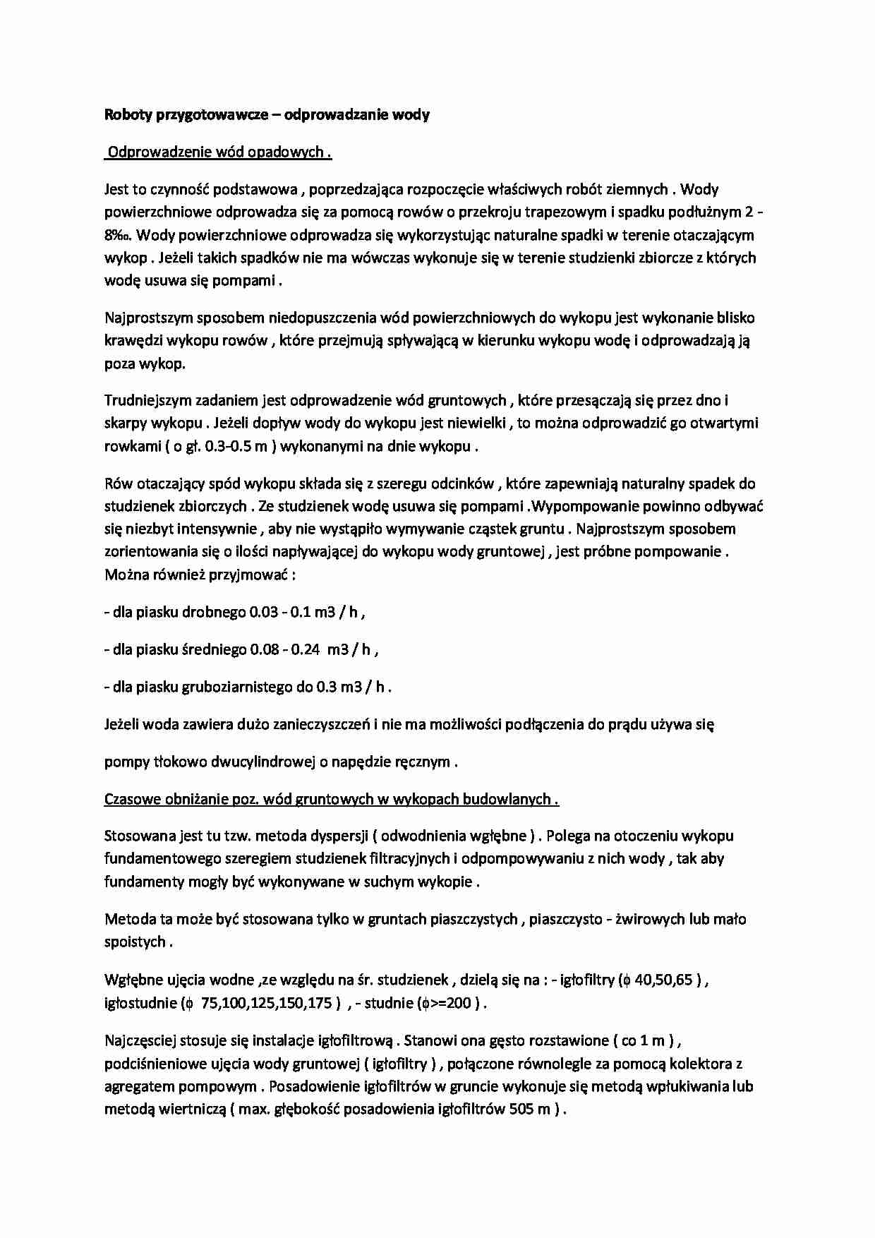 Roboty przygotowawcze- odprowadzanie wody-opracowanie - strona 1