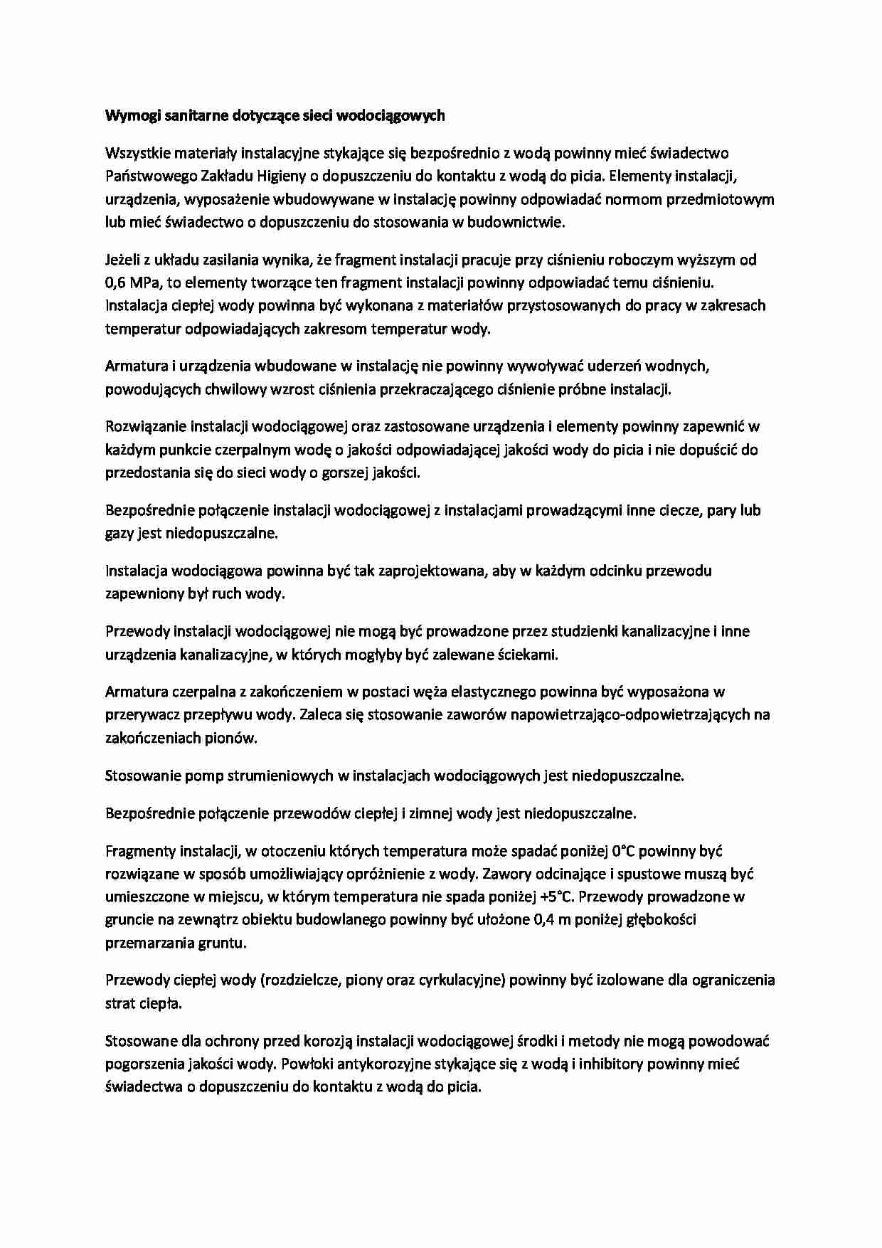 Wymogi sanitarne dotyczące sieci wodociągowych-opracowanie - strona 1
